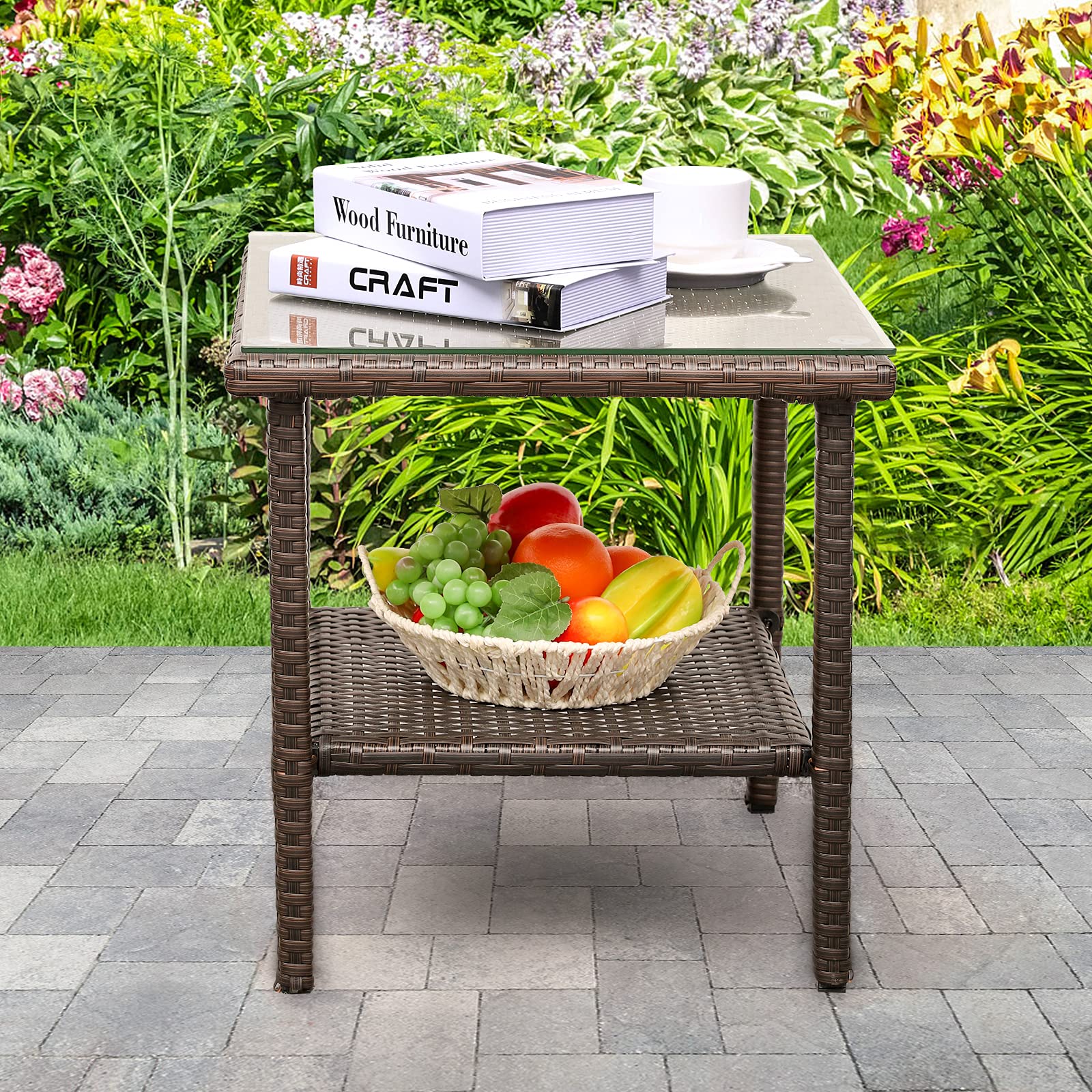 Outdoor PE Wicker Side Table - Rattan Patio Coffee Table with Glass Top, 2-Tier Square End Table for Garden, Balcony & Poolside - Mix Brown Furniture for Outdoor Relaxation & Entertaining