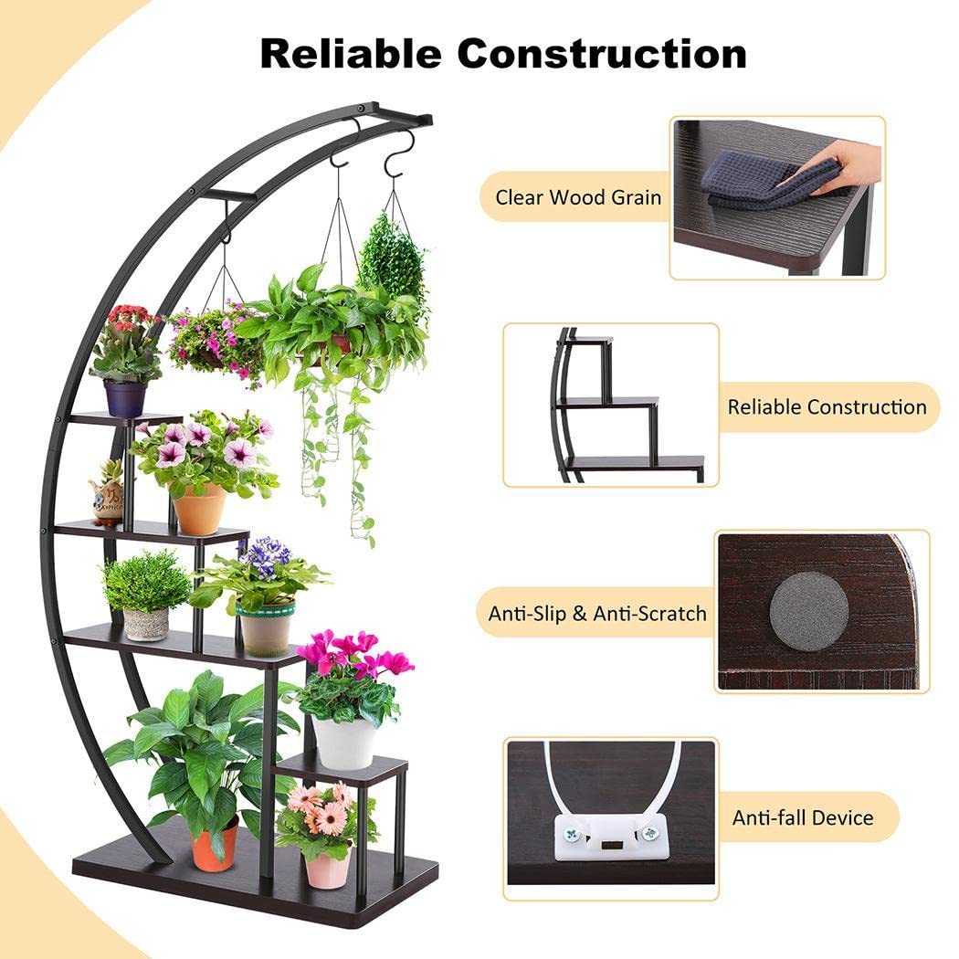 SEJOV 5-Tier Metal Plant Stand - Half Moon Shaped Ladder Flower Pot Rack for Indoor & Outdoor Use | Perfect for Living Room, Balcony, Bedroom & Patio Decor | Space-Saving Plant Holder Shelf (Black, 1 Pack)
