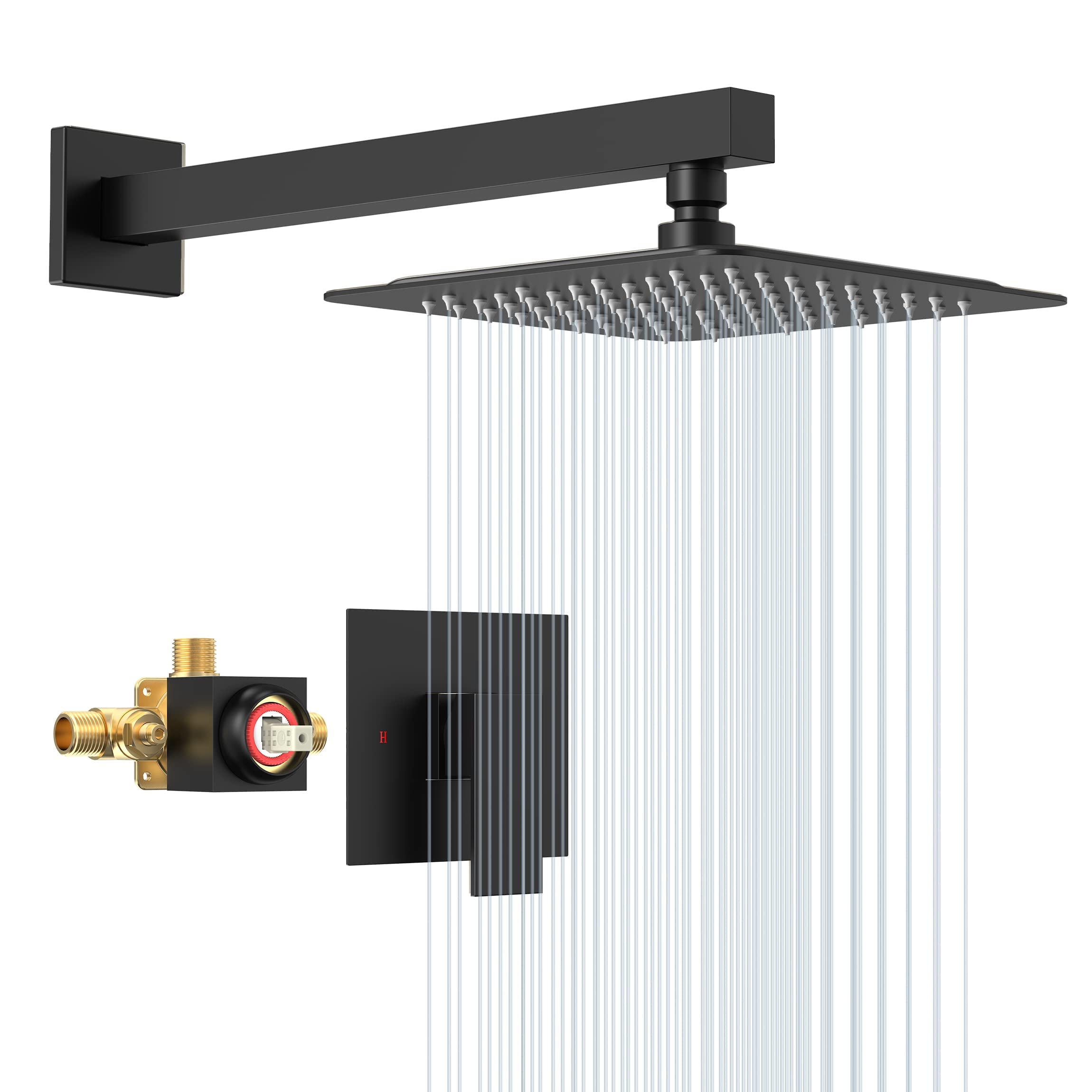 SunCleanse Matte Black Shower Faucet Set with Valve - 8 Inch Square Rainfall Shower Head & Single Handle Trim Kit | Includes Extra Long Shower Arm | Perfect for Modern Bathroom Renovations & Spa-Like Shower Experience