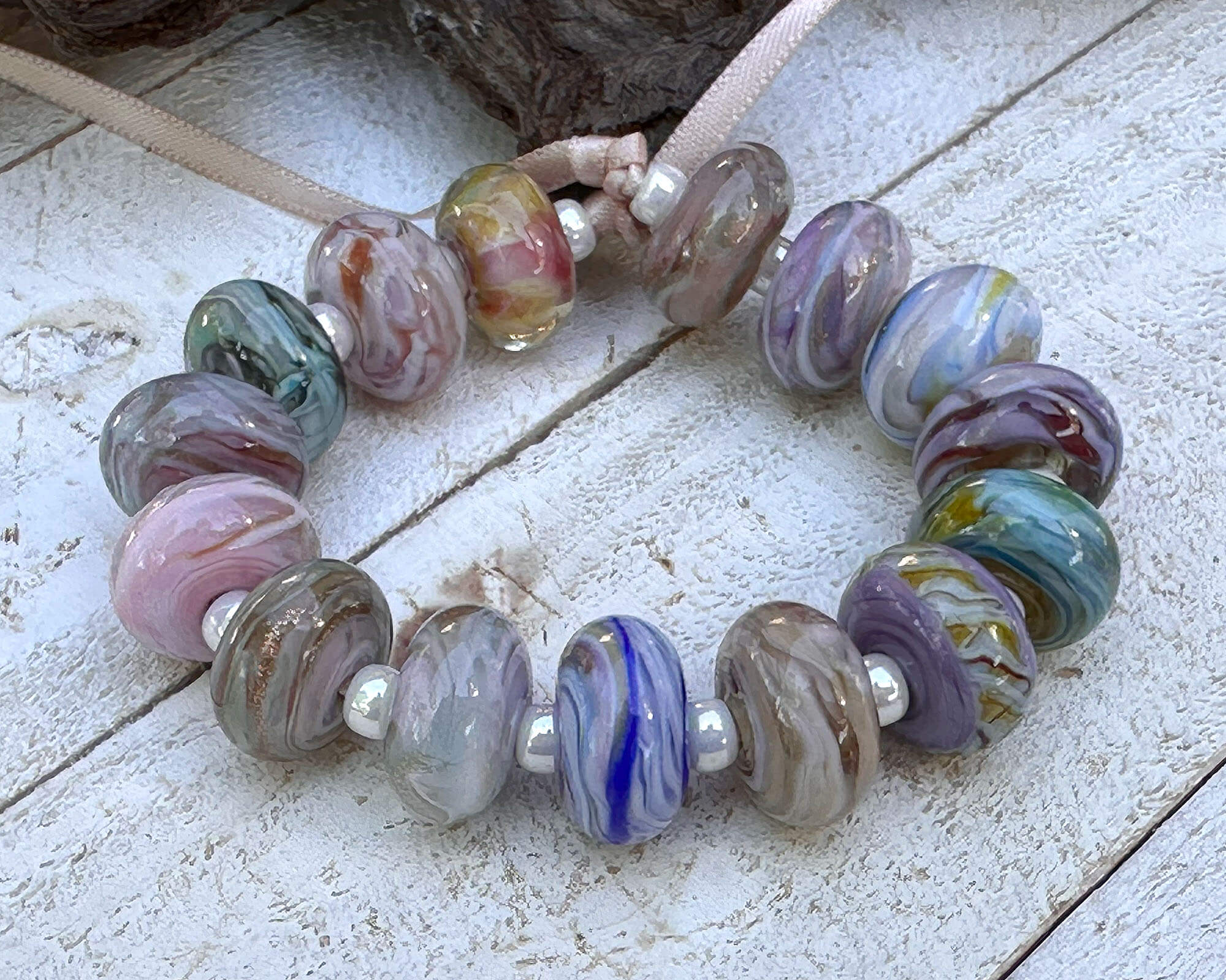 15-Piece Pastel Swirl Lampwork Glass Beads Set for Jewelry Making - DIY Bracelet, Necklace & Craft Projects - SRA Certified Artisan Beads