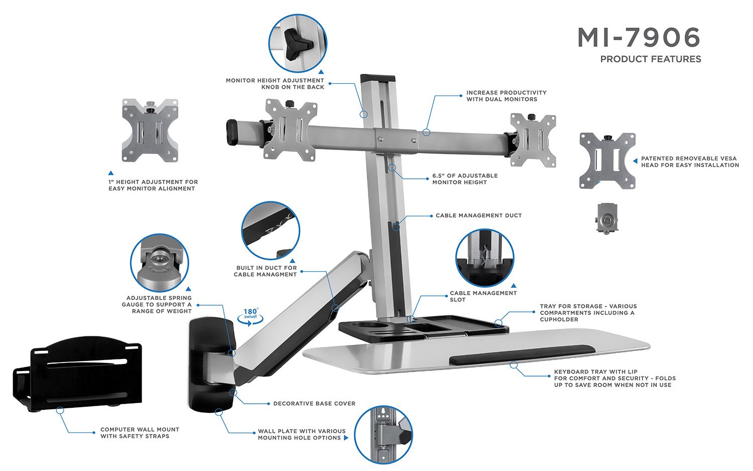 Mount-It! Adjustable Dual Monitor Wall Mount Stand Up Desk Workstation with Articulating Keyboard Tray & CPU Holder - Perfect for Home Office, Gaming Setup & Ergonomic Workspace