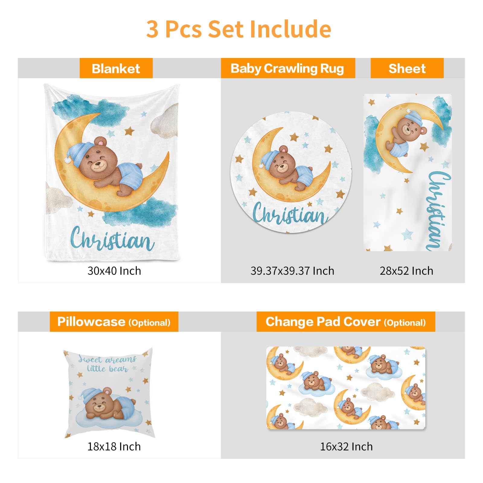 Custom Baby Crib Bedding Set with Moon Animal Design - Personalized Name Nursery Bed 3 Piece Set - Soft Blanket, Fitted Sheet & Play Mat for Newborn Boys Girls - Perfect Baby Shower Gift & Nursery Decor (Bear Theme) - Ideal for Cozy Naps, Playtime & Photo Shoots