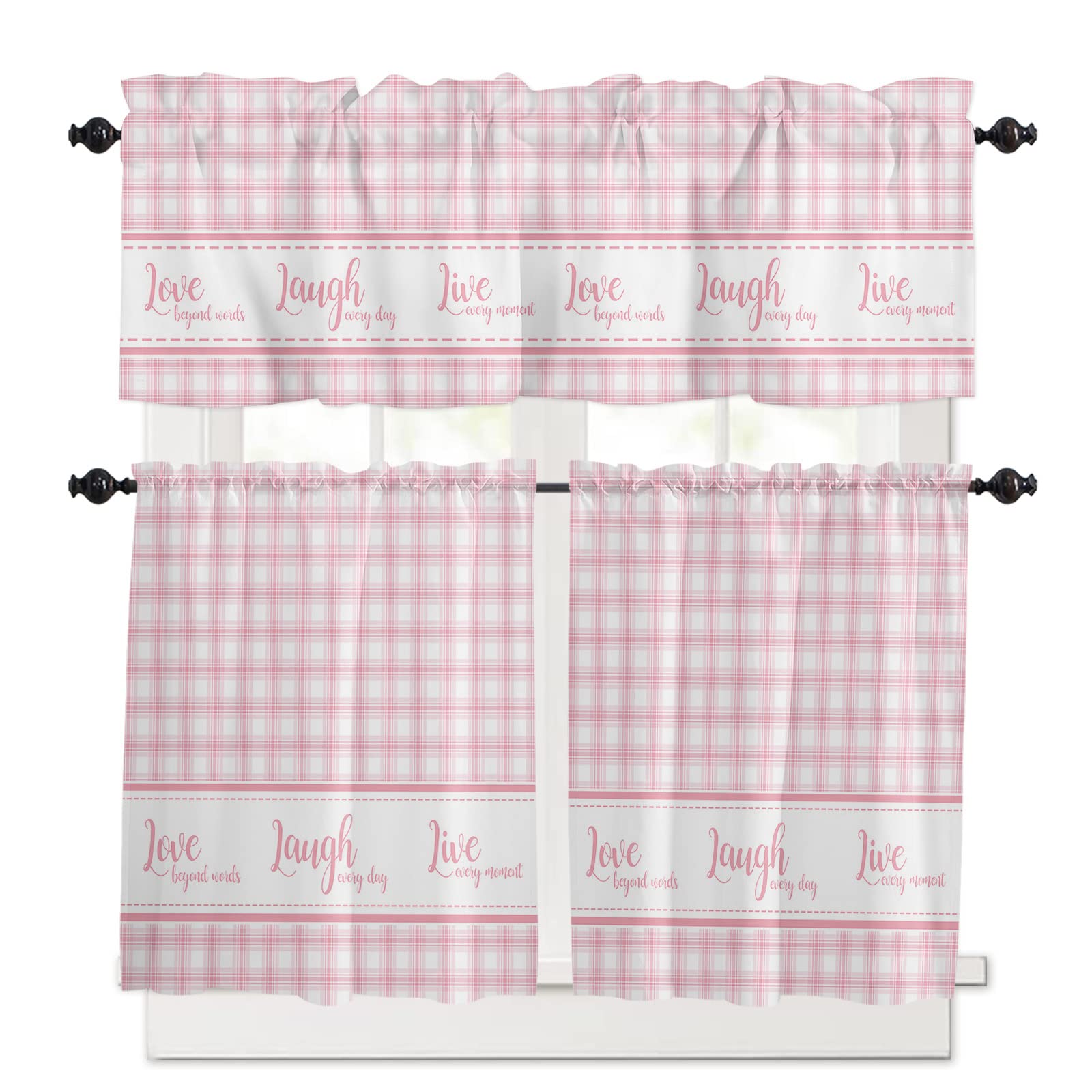 Pink Plaid Kitchen Curtain Set with Valance - 36 Inch Rod Pocket Cafe Curtains for Small Windows - Love Beyond Words Design - Perfect for Farmhouse, Cottage & Cozy Kitchen Decor