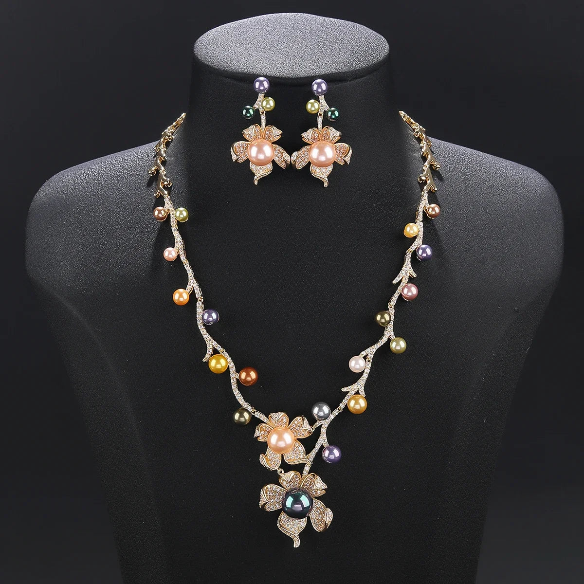 2-Piece Cubic Zirconia Pearl Flower Necklace & Earrings Set for Women - Elegant Wedding & Party Jewelry - Perfect for Bridal, Prom, Anniversary & Formal Events