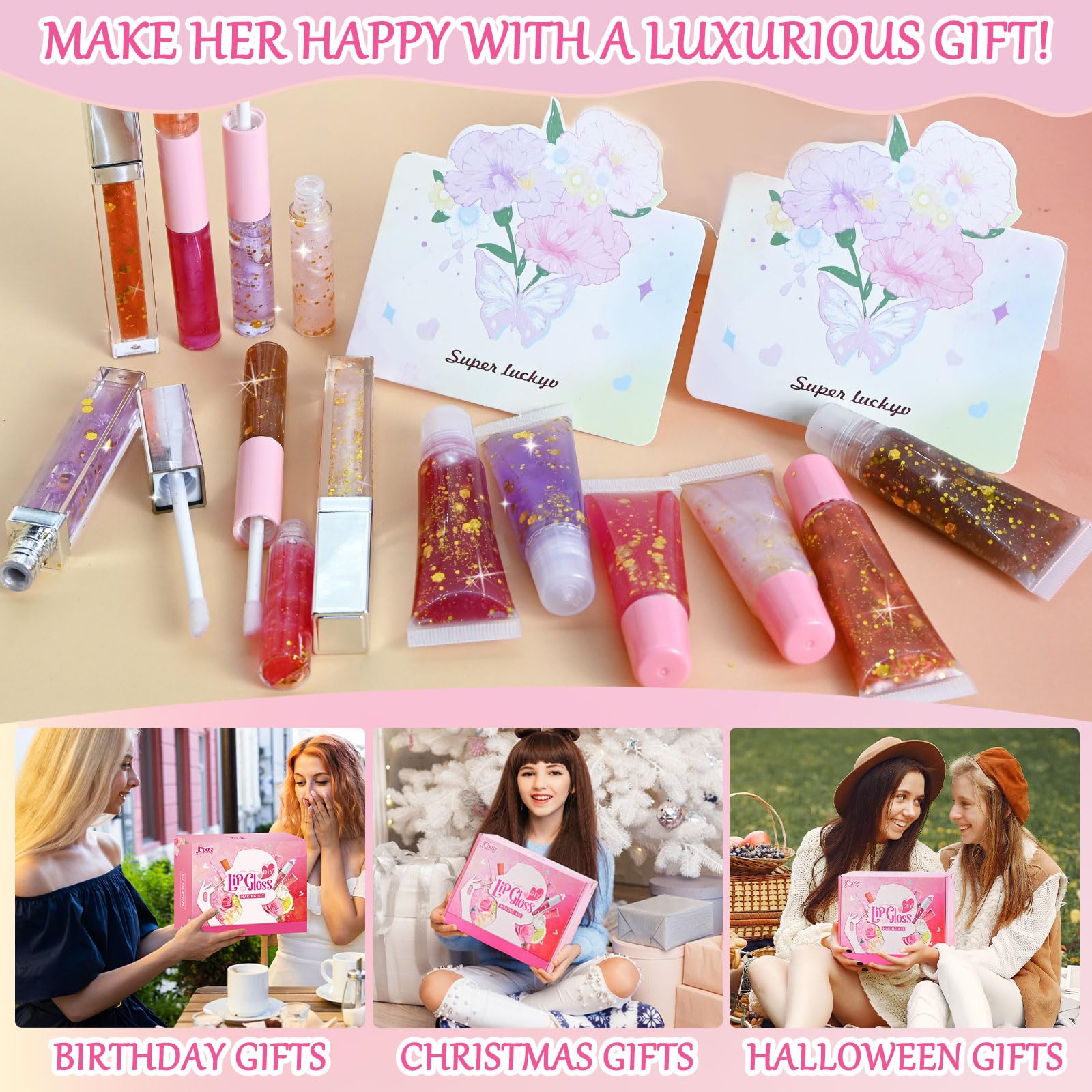 JCOOS DIY Lip Gloss Making Kit for Women & Teens - Includes Lip Oil, Moisturizing Base, Pigments & Tubes - Perfect for Beginners, Unique Gifts & Creative Beauty Projects - Great for Birthday Parties, Spa Days & Self-Care Activities