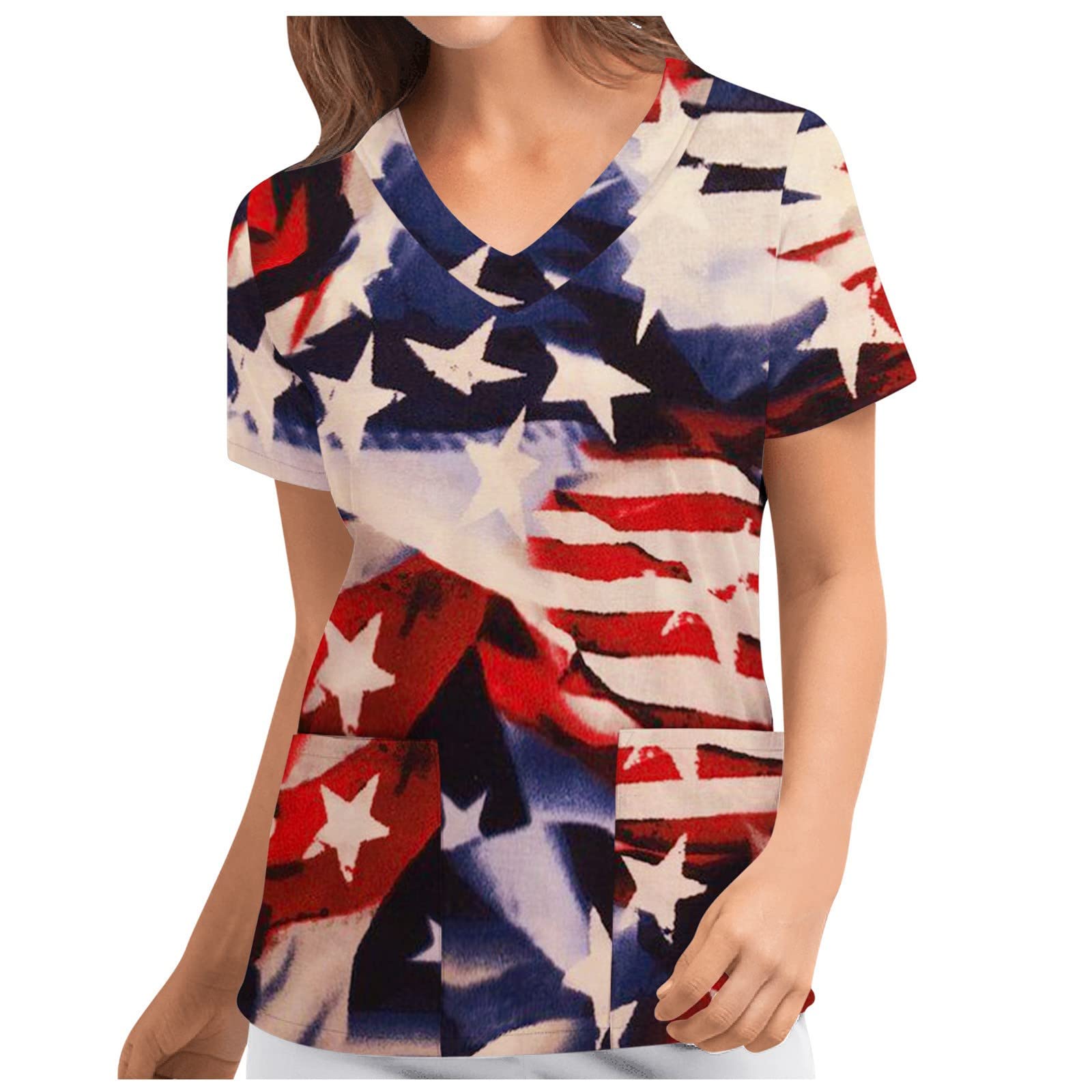 Patriotic Women's Short Sleeve V-Neck Blouse with Pocket - Cute Printed Summer Top for Work & Casual Wear | Perfect for 4th of July, Office Uniform & Everyday Outfits