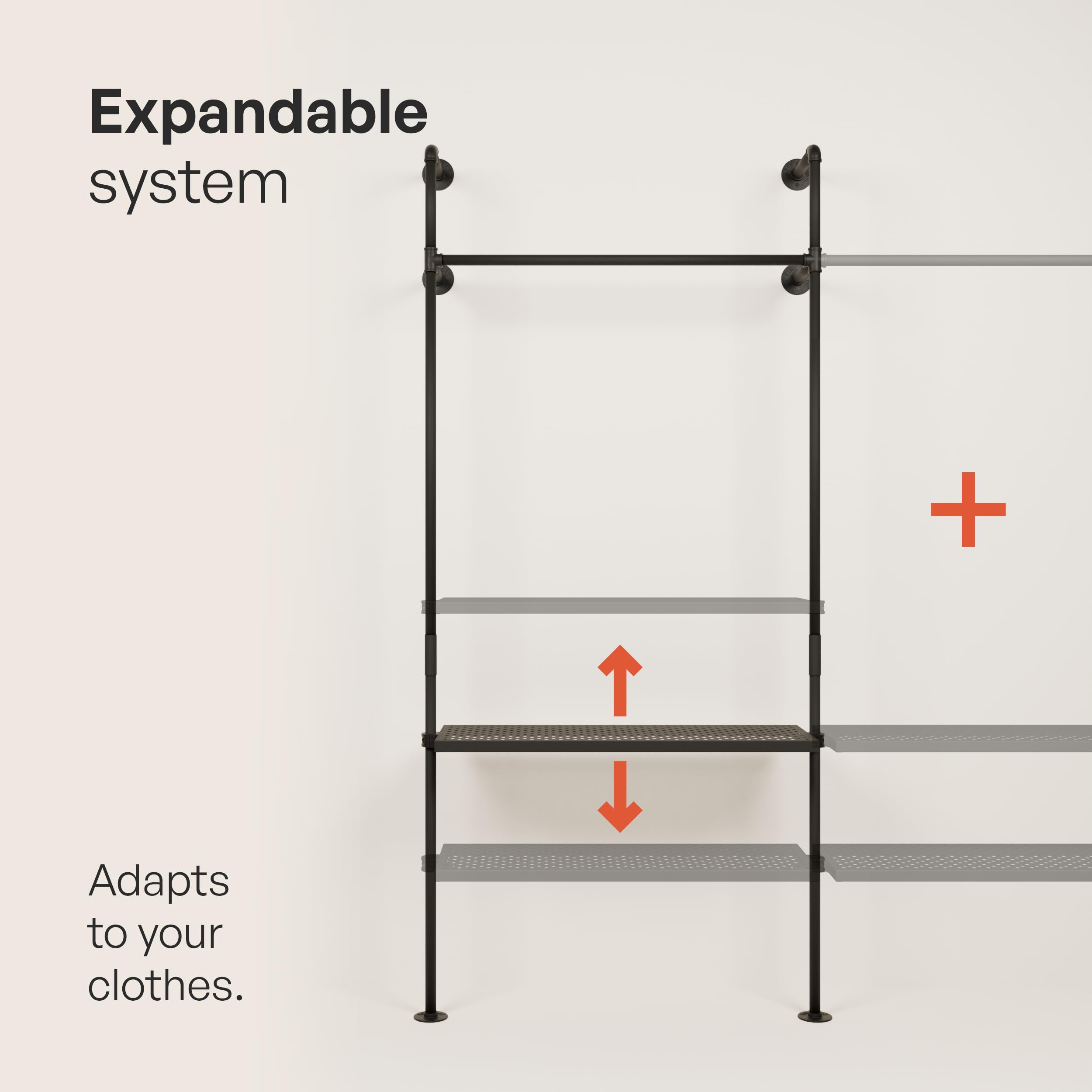 Heavy Duty Industrial Pipe Clothing Rack with Shelf - 520 lbs Capacity Wall Mounted Garment Rack - Walk In Closet Organizer with Metal Shelf for Wardrobe Storage - Perfect for Bedroom, Laundry Room & Commercial Use