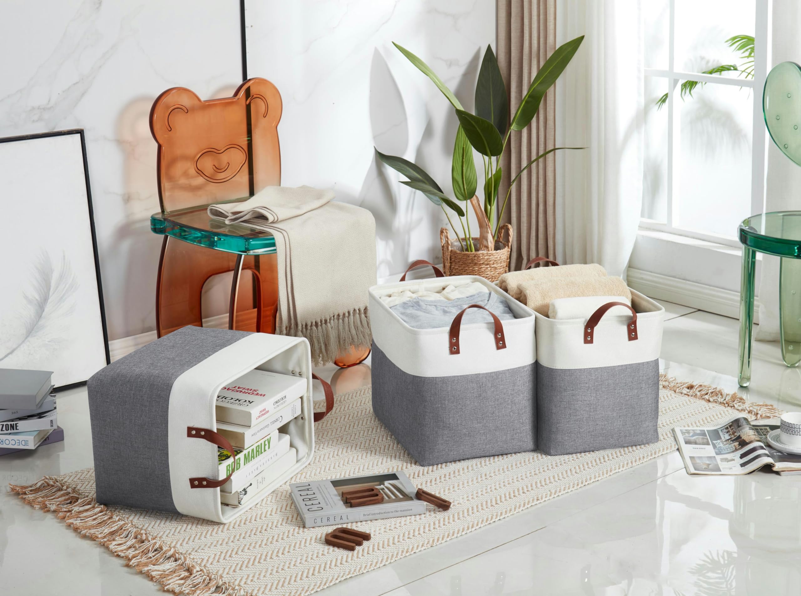 DECOMOMO XXL Fabric Storage Baskets (3-Pack) - Large Closet Organizer for Toys, Nursery & Laundry - Breathable Foldable Storage Bins in Slate Grey & White | Perfect for Home Organization & Kids Room Storage
