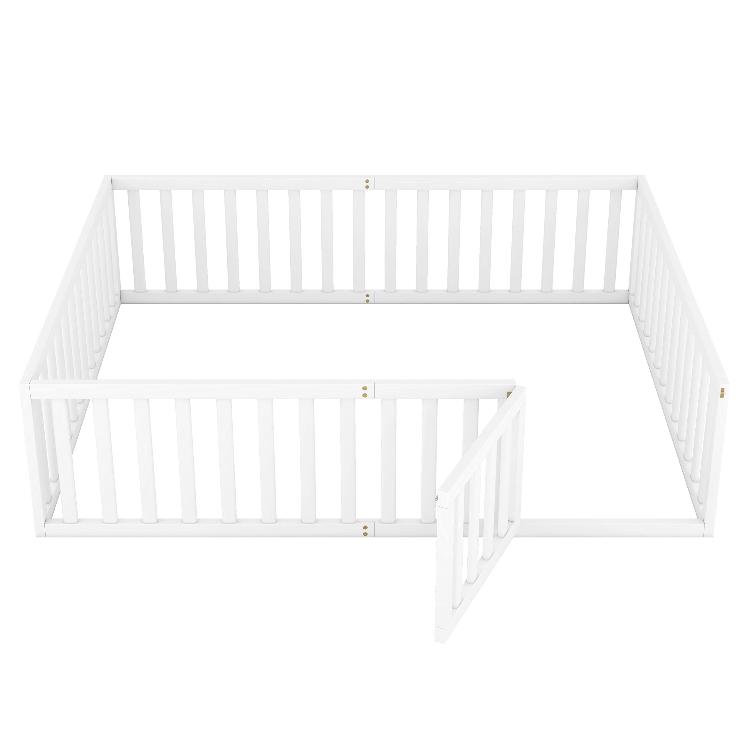 LZ LEISURE ZONE Queen Size Platform Bed with Fence - Solid Wood Floor Bed Frame with Door - Sturdy Queen Daybed Frame in White - Perfect for Guest Rooms, Dorms & Small Space Living