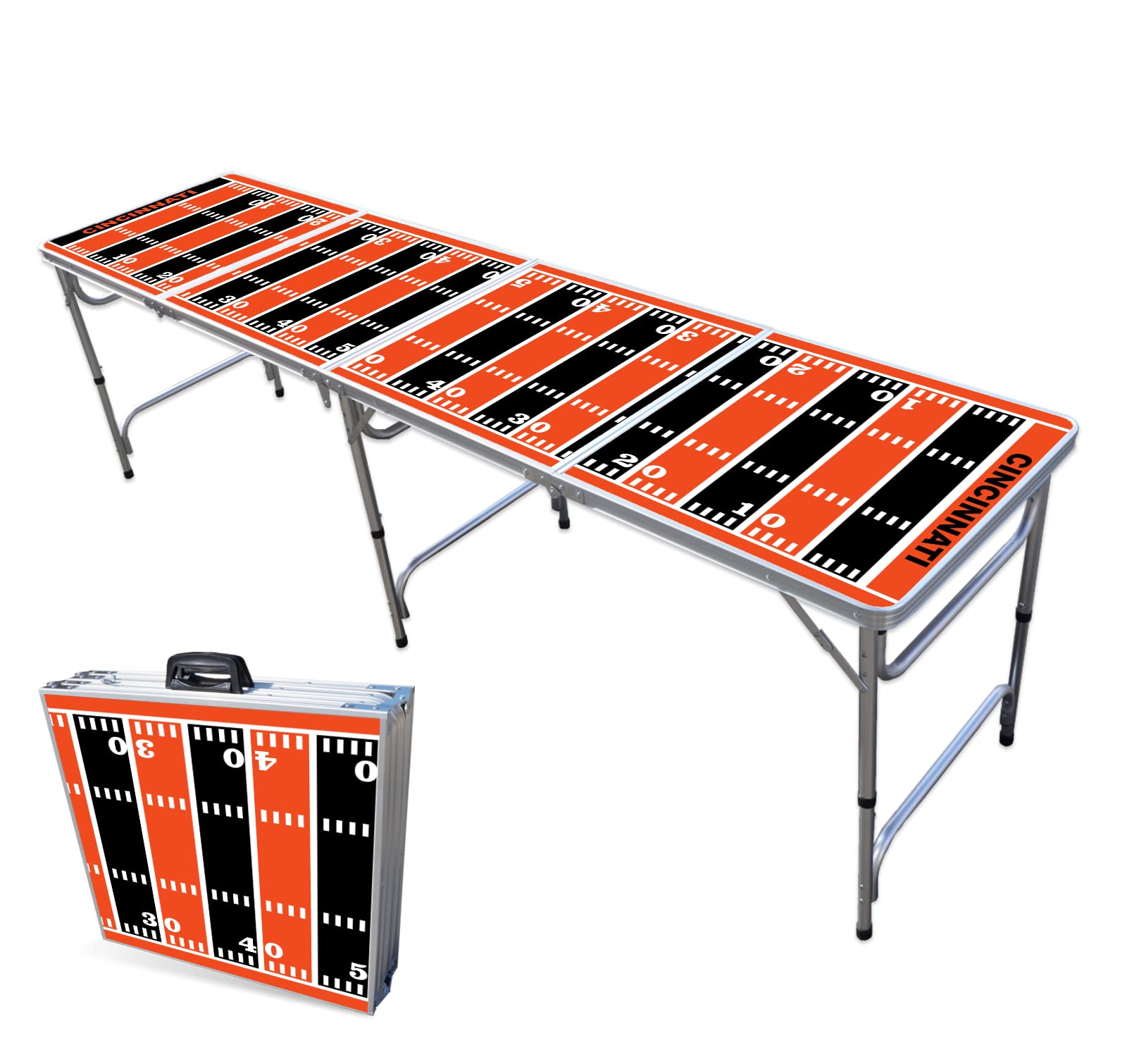 8-Foot Folding Portable Beer Pong Table with Optional Cup Holders & LED Lights - Cincinnati Football Field Design for Indoor/Outdoor Parties, Tailgates & Game Nights (Multiple Models Available)