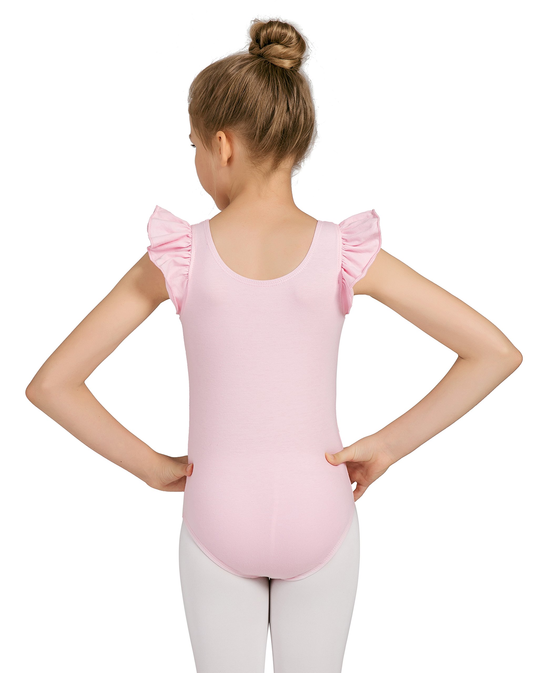 DANSHOW Girls' Gymnastics Leotards for Dance Ballet with Flying Ruffle Short Sleeve(4-6y,Pink）