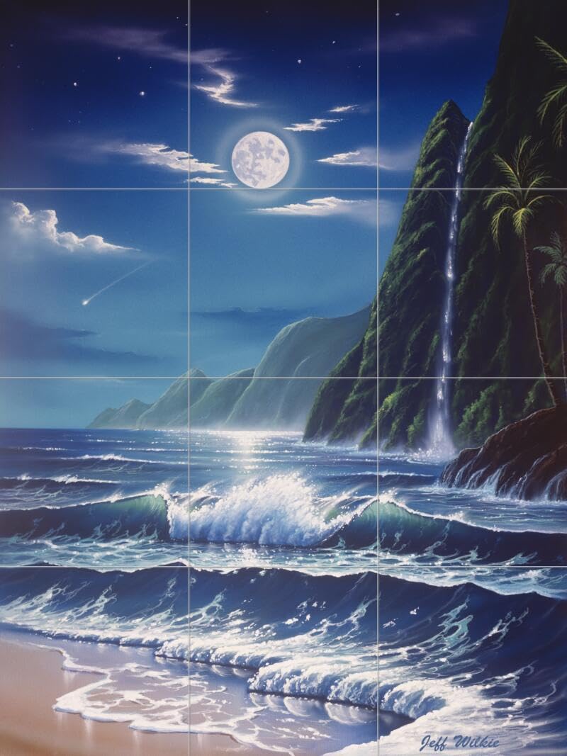 Ceramic Backsplash Tile Mural - Beach Scene with Seaside Ocean View for Kitchen, Bathroom & Shower - Moonlit Falls by Jeff Wilkie - Perfect for Coastal, Nautical & Beach House Decor