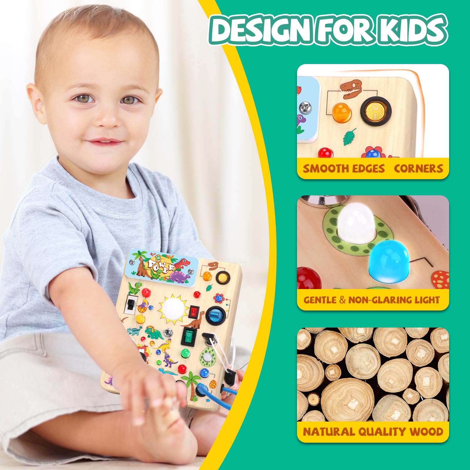 Dinosaur Busy Board Montessori Toys for Toddlers 1-3 Years Old - Wooden Sensory Travel Learning Toy for 1+ Year Old Boys & Girls - Perfect Gift for Airplane, Car Rides & Home Play (Dinosaur Busy Board Plus V2)