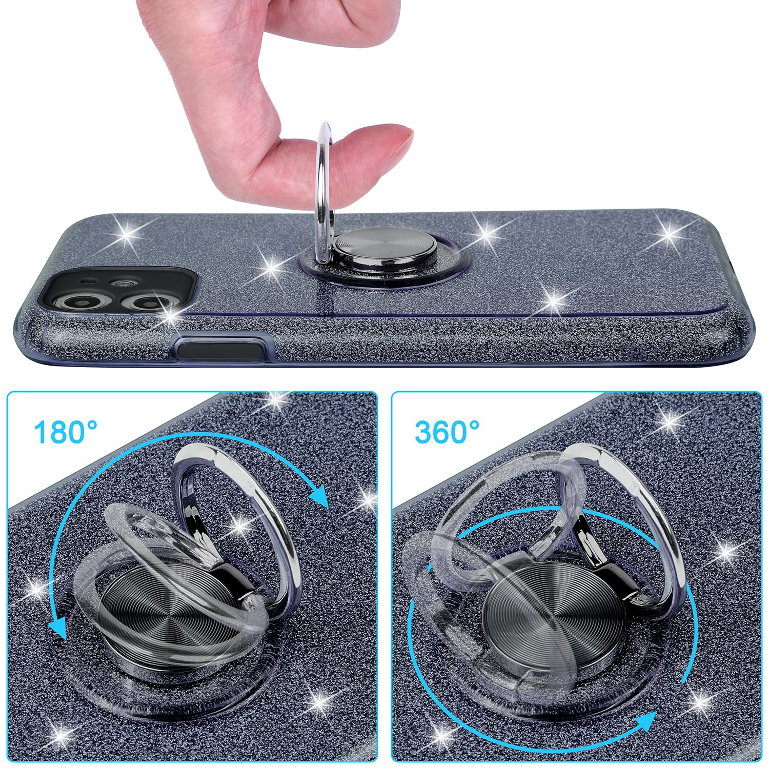 Wisdompro Sparkly Glitter Bling Phone Case with Ring Stand for iPhone 11 (6.1 inch) - Cute Protective Cover for Women & Girls | Perfect for Daily Use, Work, and Travel - Black