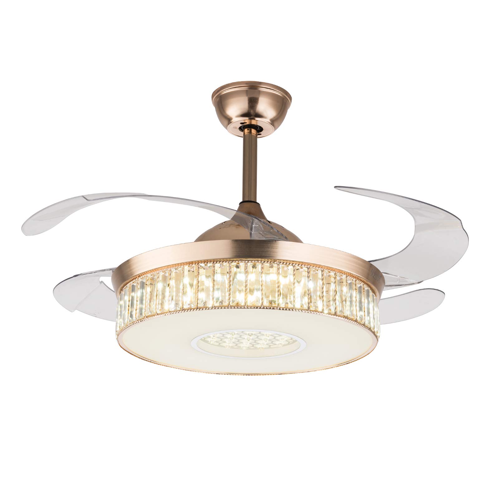 42 Inch Modern Crystal Ceiling Fan with Light & Remote - 3 Color & 3 Speed Adjustable - Invisible Chandelier Fan for Dining Room, Living Room, Bedroom - Silver Finish - Perfect for Home Decor & Air Circulation