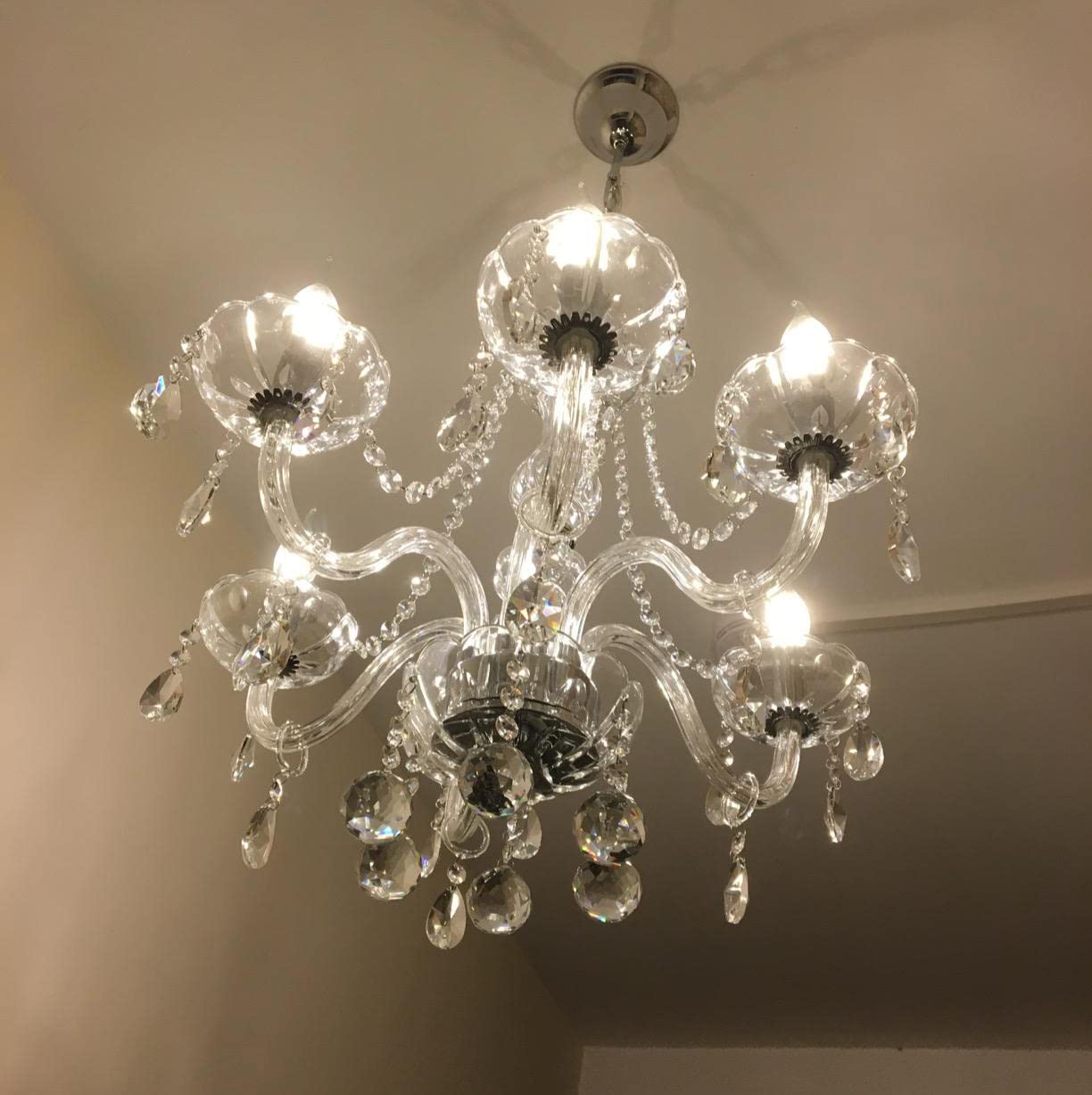Maria Theresa Crystal Chandelier - 6-Arm Clear K9 Crystal Glass Ceiling Light Fixture | Modern Elegant Pendant Lighting for Dining Room, Living Room, Hallway, Staircase & Bar Decor | 24 Inch Diameter with 24 Inch Height & Chain | Perfect for Weddings, Restaurants and Luxury Home Lighting