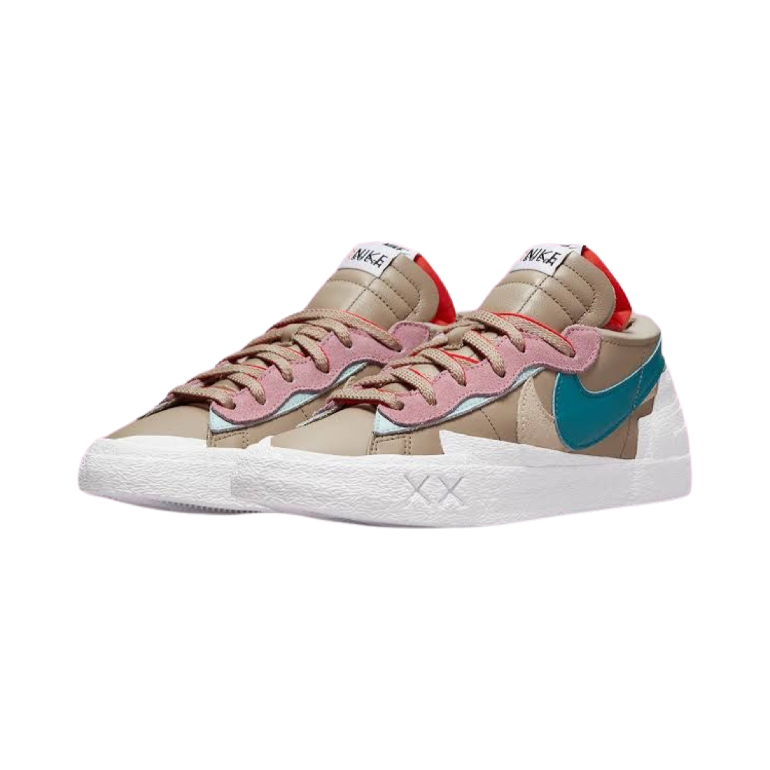 KAWS x Nike x Sacai Blazer Low Sneakers - Reed Bright Spruce White Colorway - Limited Edition Collab Shoes for Streetwear & Sneaker Collectors | Perfect for Casual Wear, Sneakerhead Collections & Urban Fashion