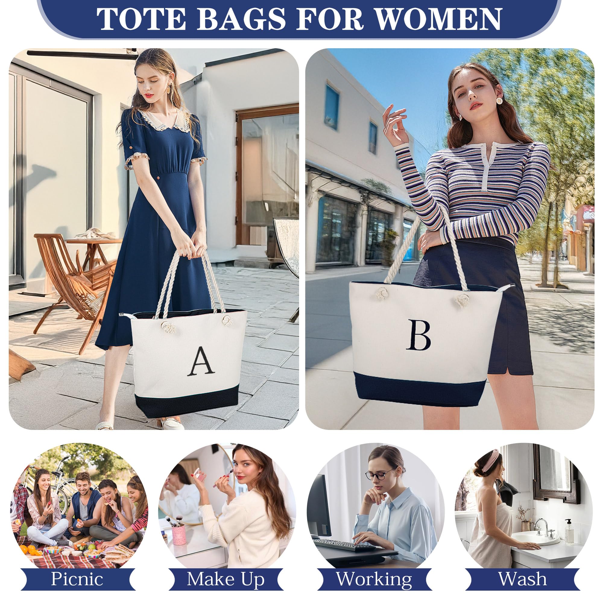 YOOLIFE Personalized Initial Canvas Tote Bag & Makeup Bag Set - Christmas Birthday Gifts for Women, Mom, Teacher, Friend | Trendy Reusable Shopping & Cosmetic Storage for Daily Use, Work, Travel