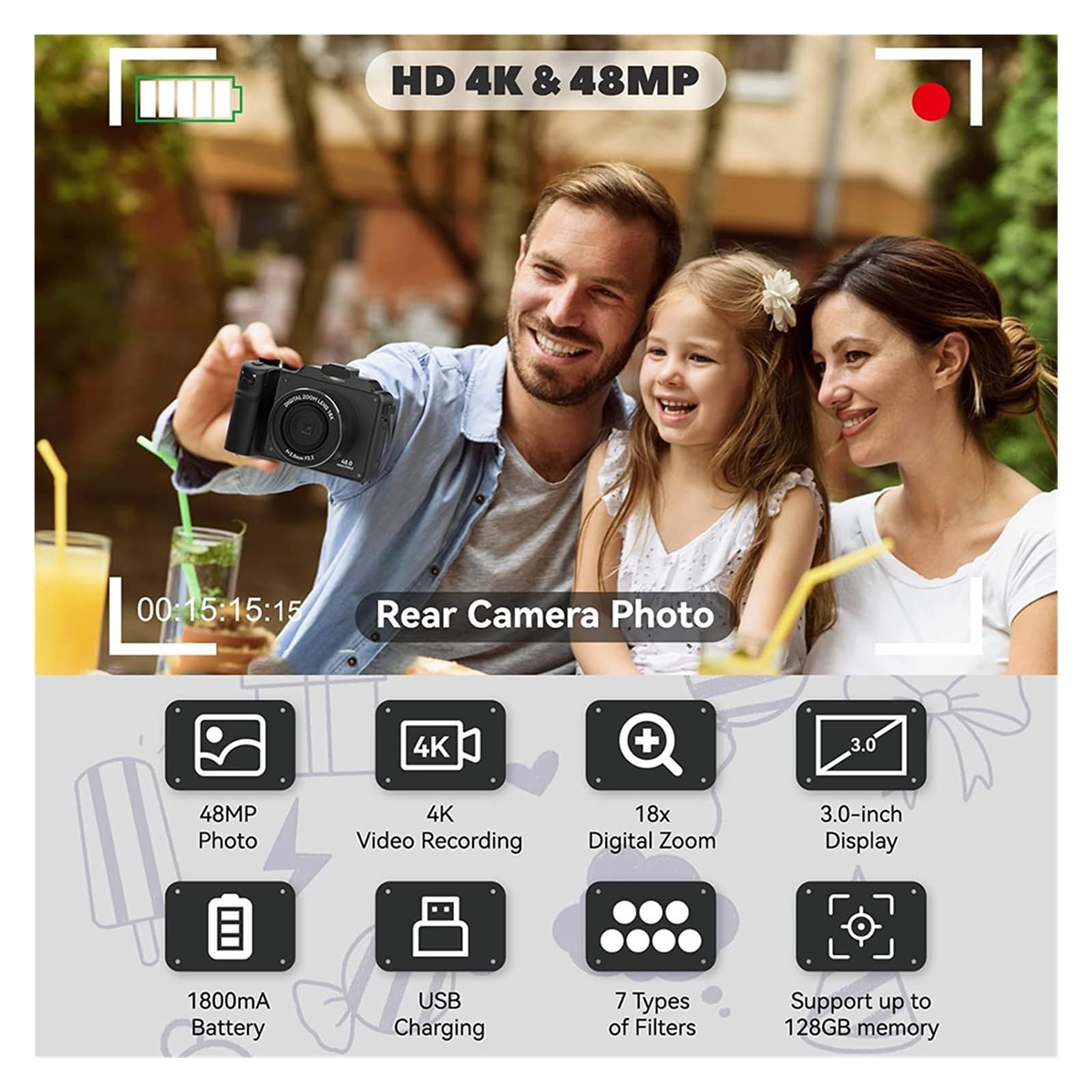 48MP Wide Angle Video Camera with Dual Lens - 4K WiFi Digital Camera for Photography, 18X Zoom, DIY Frame, Front & Rear Selfie Camcorder (128GB Included) - Perfect for Vlogging, Travel & Outdoor Adventures