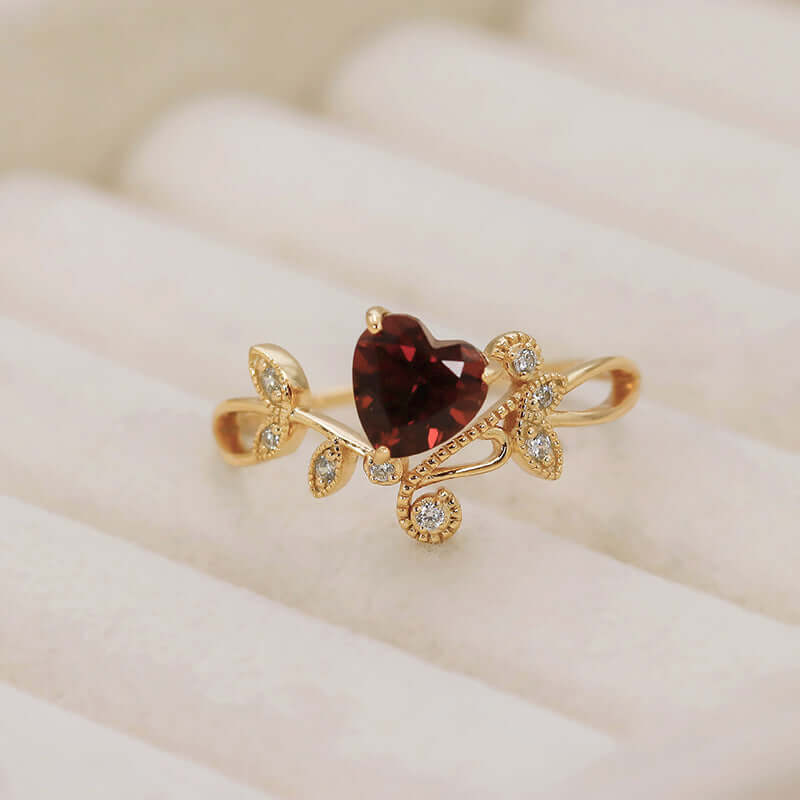 Red Garnet Heart Shaped Olive Branch Spiral Ring - Dainty Bohemian Jewelry for Women | Perfect for Valentine's Day, Anniversary Gifts & Boho Fashion Accessories