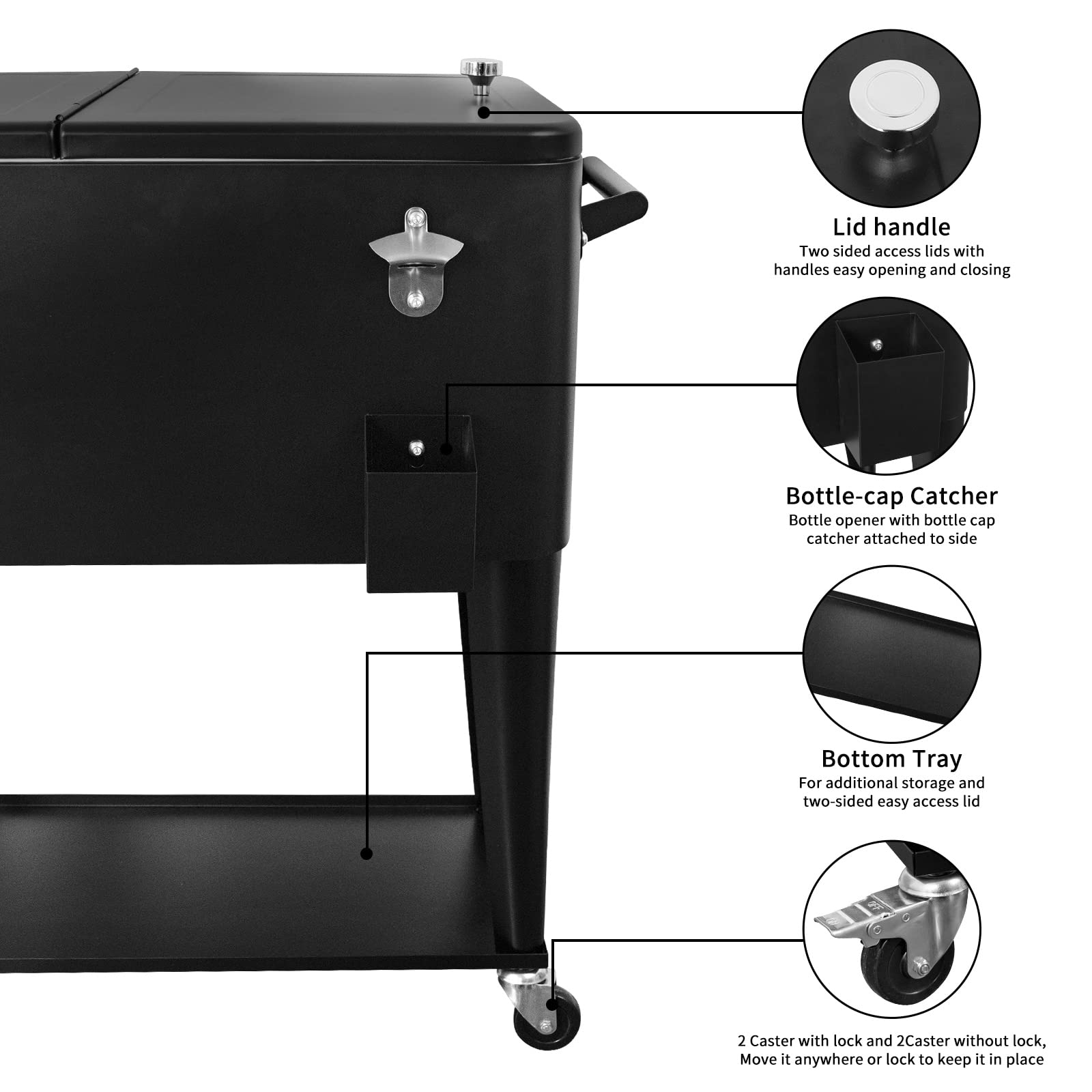 Nattork 80 Quart Rolling Cooler with Wheels - Portable Outdoor Beverage Cooler Cart for Backyard, Deck, Camping & Tailgating - Insulated Ice Chest with Shelf, Water Pipe & Bottle Opener - Perfect for Picnics, BBQs & Outdoor Parties