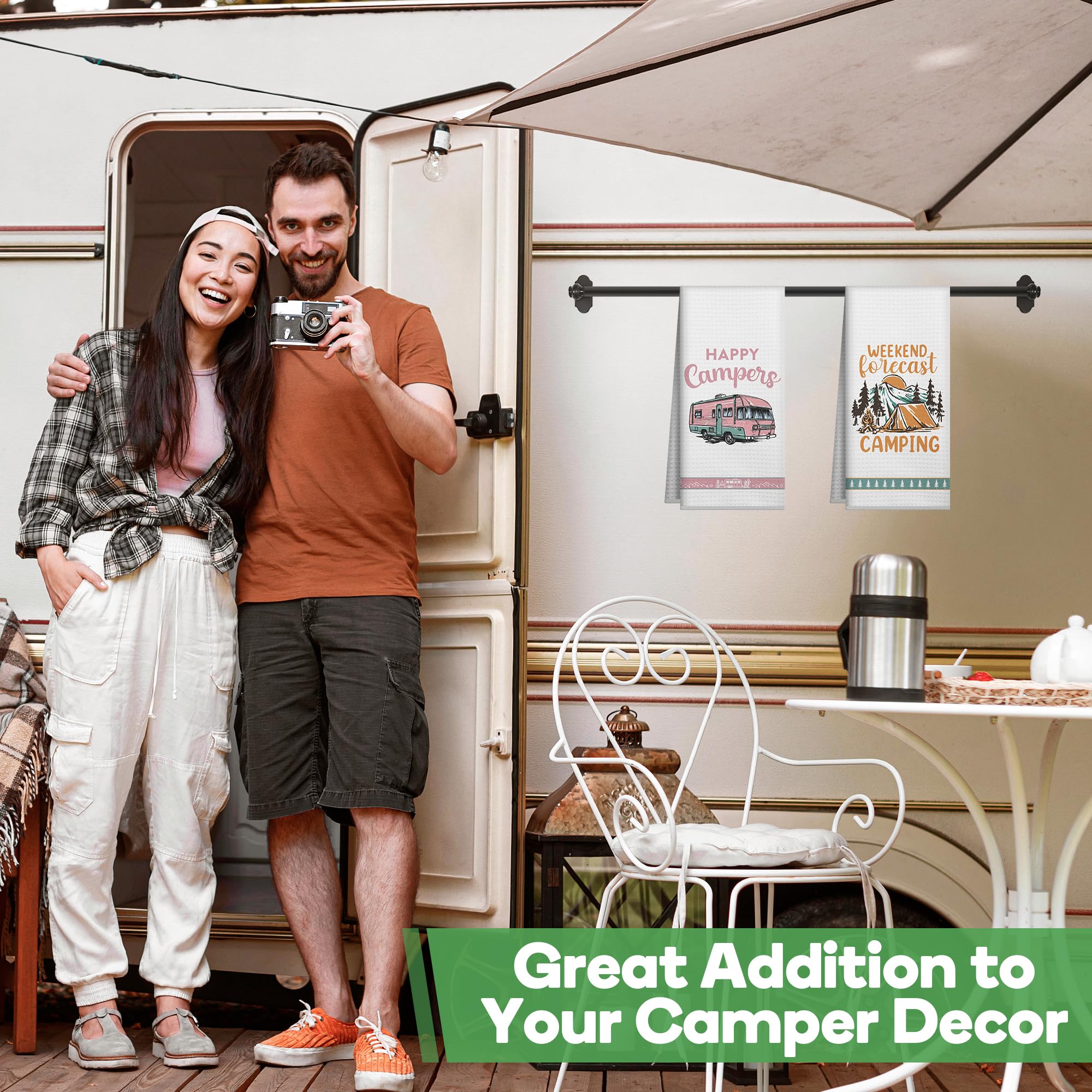 Happy Camper RV Kitchen Towels 2 Pack - Absorbent Cotton Dish Cloths for Camping, RV & Farmhouse Decor - Perfect Housewarming Gifts & Camping Kitchen Essentials (Use for Drying Dishes, Cleaning Surfaces & Cozy Kitchen Decor)