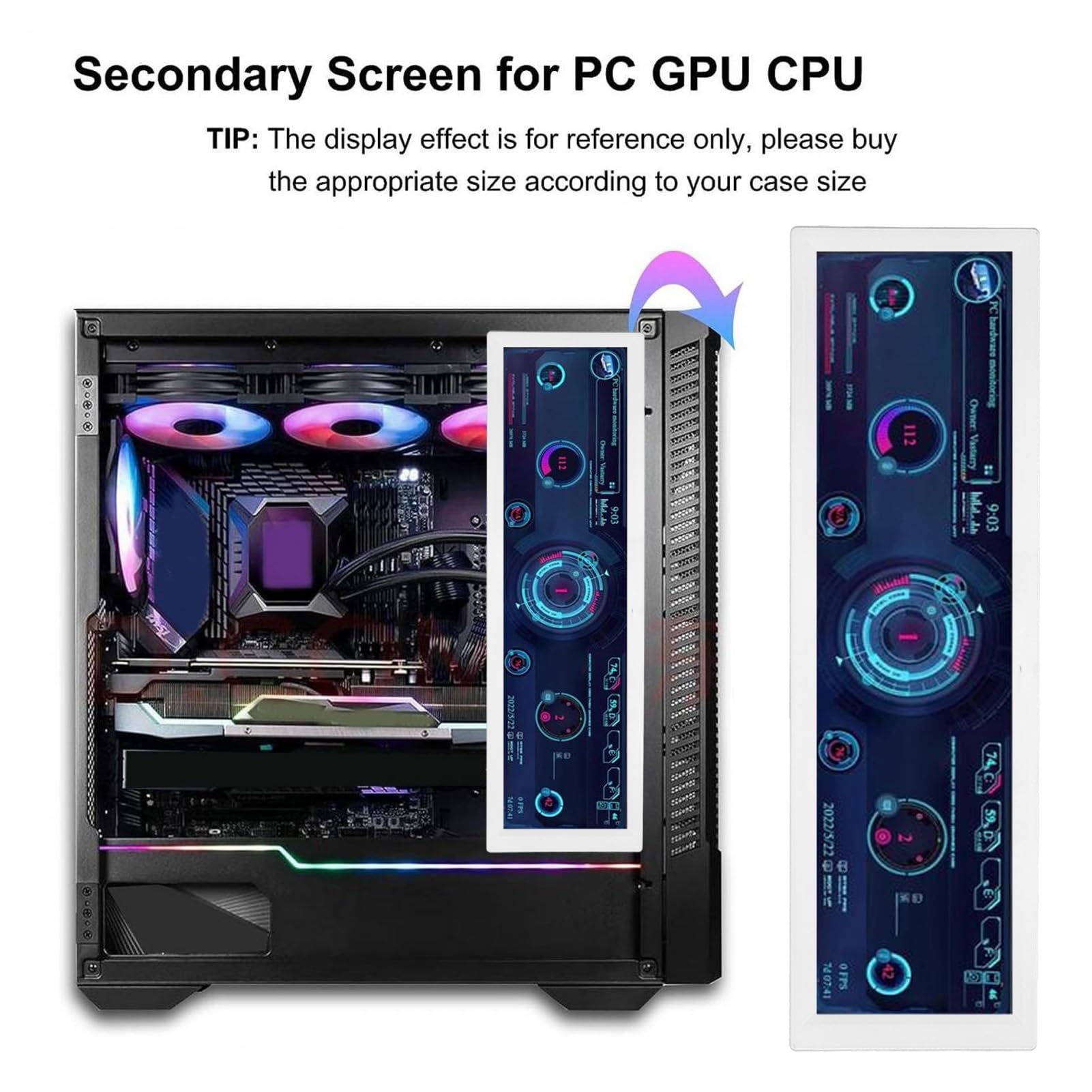 Jectse 8.8 Inch PC Temperature Monitor - Real-Time GPU, CPU, RAM, FPS & HDD Data Display with 360° Auto Rotation for Gaming PC Case - Customizable DIY Themes (White) - Perfect for Gaming Rigs, Workstations & PC Builds