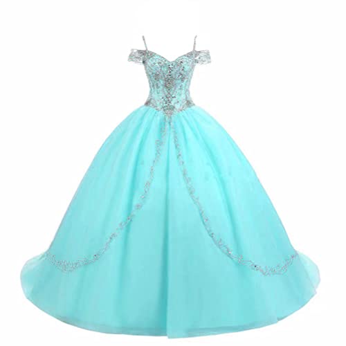 Elegant Ball Gown Quinceanera Prom Dress 2023 - Long Cold Shoulder Tulle Rhinestone Evening Gown for Sweet 16, Homecoming & Formal Events