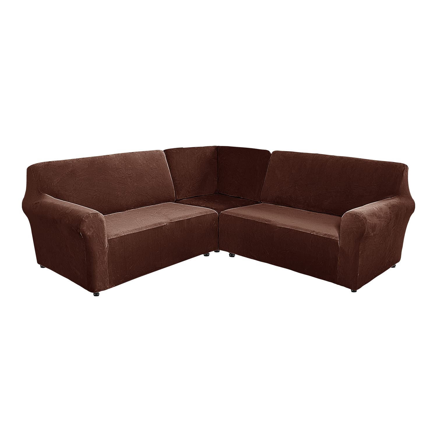 ELEOPTION 5-Piece L-Shaped Sofa Cover - Stretchable Velvet Sectional Couch Slipcover for Corner Couches, Soft Washable Furniture Protector in Brown - Perfect for Living Room, Family Room & Home Theater