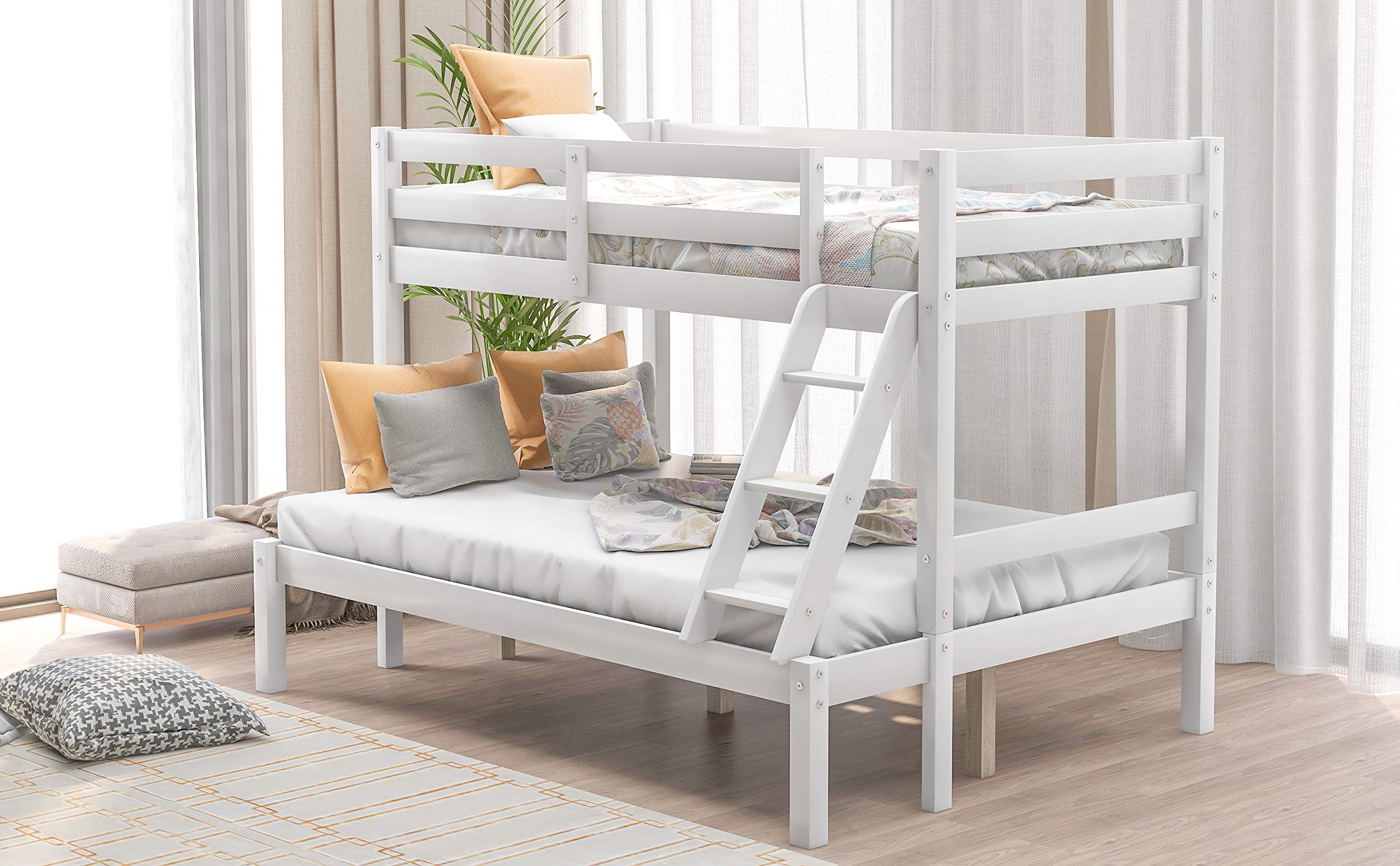 Solid Wood Twin Over Full Bunk Bed with Guardrail & Ladder - Convertible to Twin Loft Bed or Full Size Bed - Wood Slat Support - No Box Spring Needed (White) - Perfect for Kids' Rooms, Guest Rooms & Space-Saving Bedroom Solutions