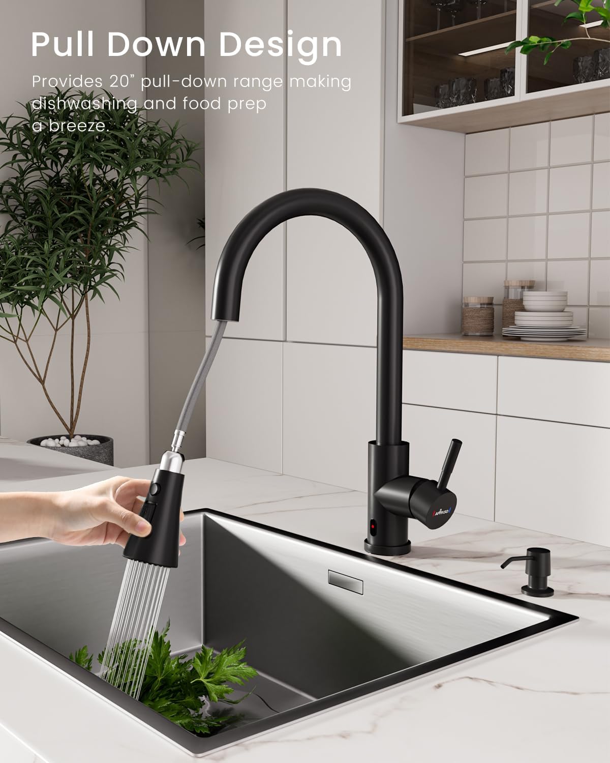 APPASO Touchless Kitchen Faucet with Motion Sensor - Matte Black Hands-Free Faucet with Soap Dispenser & Pull Down Sprayer (3 Spray Modes), S304 Stainless Steel for Modern Kitchens - Perfect for Busy Cooks, Family Homes & Commercial Use