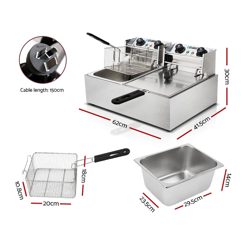 Devanti 20L Commercial Deep Fryer - 4400W Electric Fryer with Dual Baskets for Restaurants, Food Trucks & Catering - Perfect for Frying Chicken, Fish, Fries & More