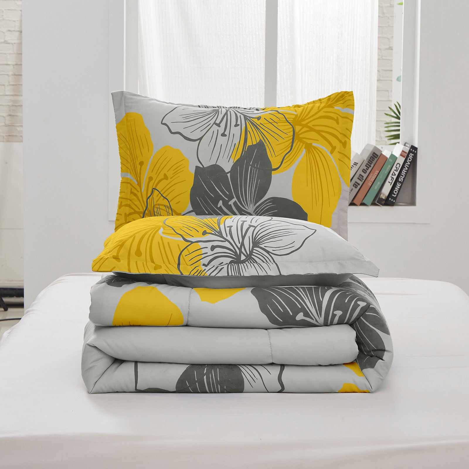 King Size Floral Comforter Set - 3 Piece Yellow Flower Bedding with Lightweight Microfiber - Perfect for Master Bedroom, Guest Room & Cozy Home Decor