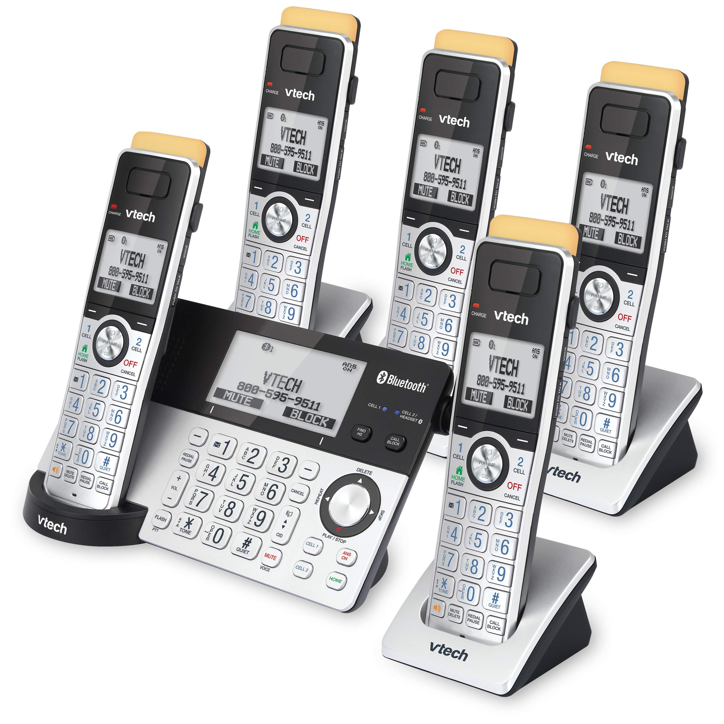 VTech IS8151-5 Super Long Range 5 Handset DECT 6.0 Cordless Phone for Home with Answering Machine - 2300 ft Range, Call Blocking, Bluetooth, Headset Jack, Power Backup, Intercom, Expandable to 12 Handsets - Perfect for Large Homes, Offices & Multi-Room Communication