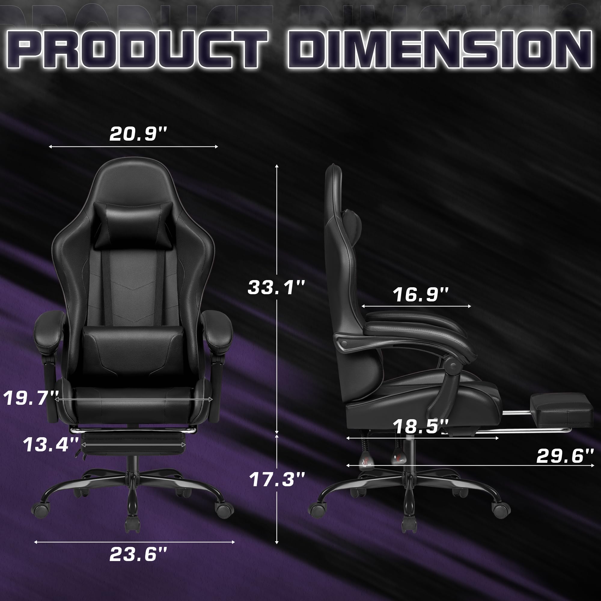 Homall Ergonomic Gaming Chair with Adjustable Height, Footrest & Lumbar Support - Swivel Computer Chair with Headrest for PC & Console Gamers - Perfect for Esports, Streaming & Home Office (Dark Black)