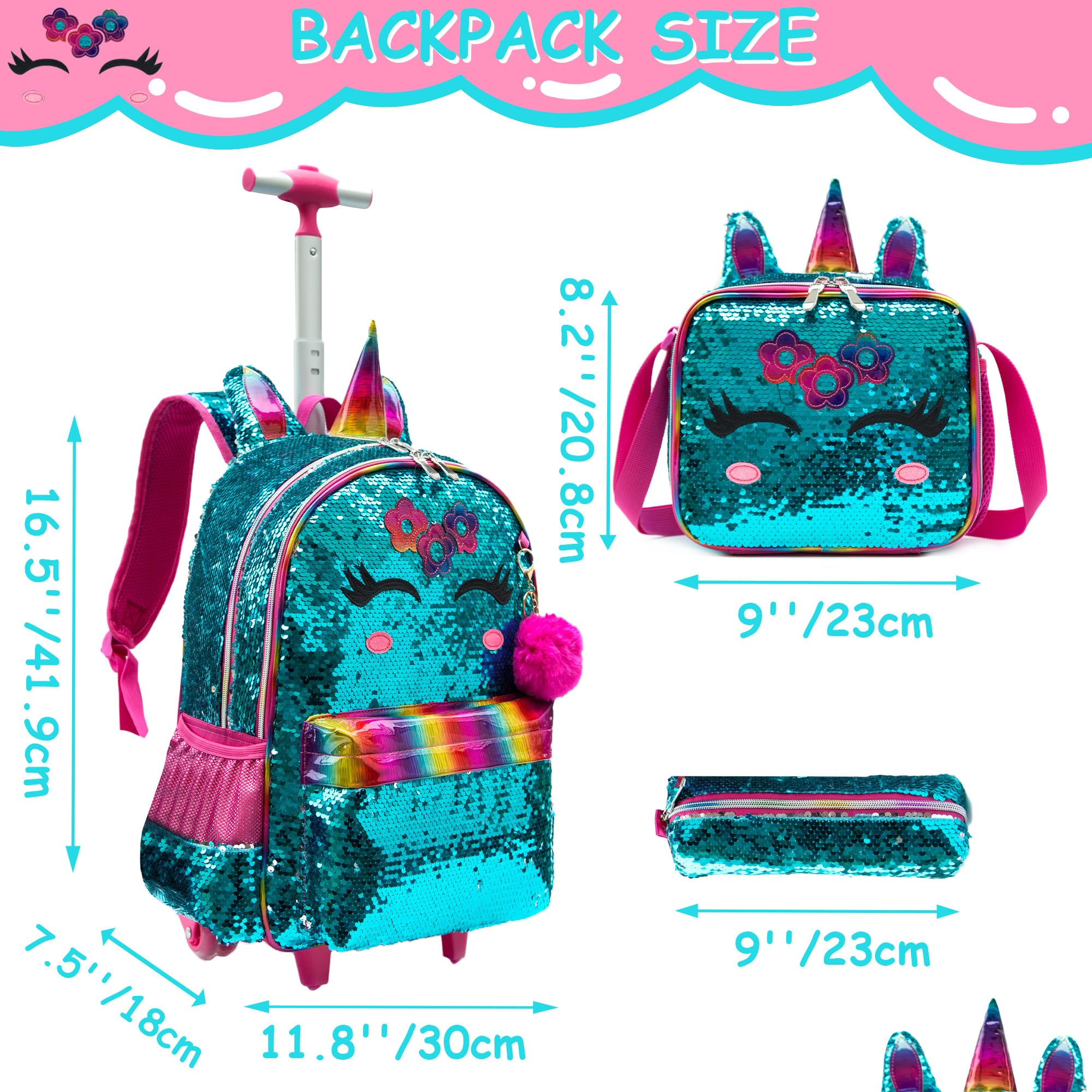 **Meetbelify Unicorn Rolling Backpack for Girls 6-8 Years Old - Sparkly Sequin Travel Luggage with Wheels, Lunch Box & Pencil Case - Perfect for School, Travel & Sleepovers**