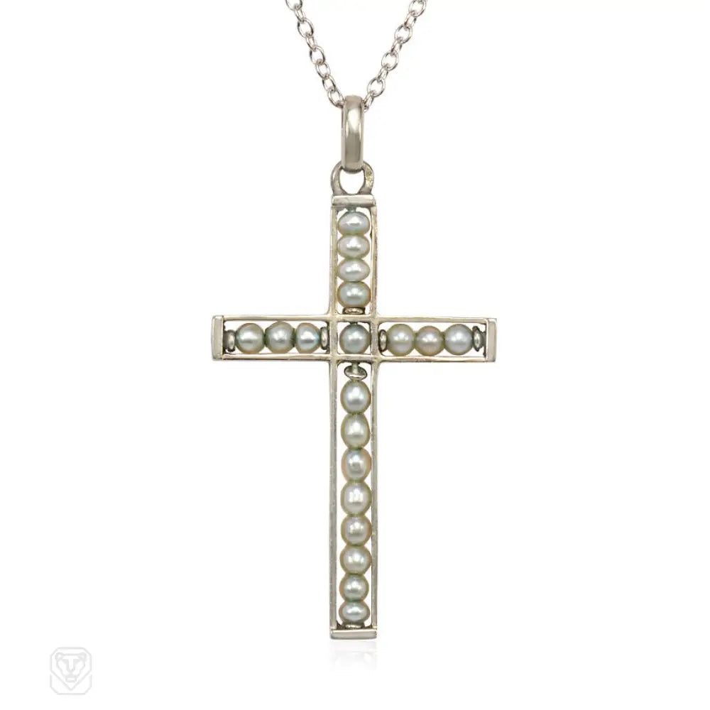Vintage Art Deco Pearl Cross Pendant Necklace from France - Perfect for Weddings, Parties & Elegant Occasions