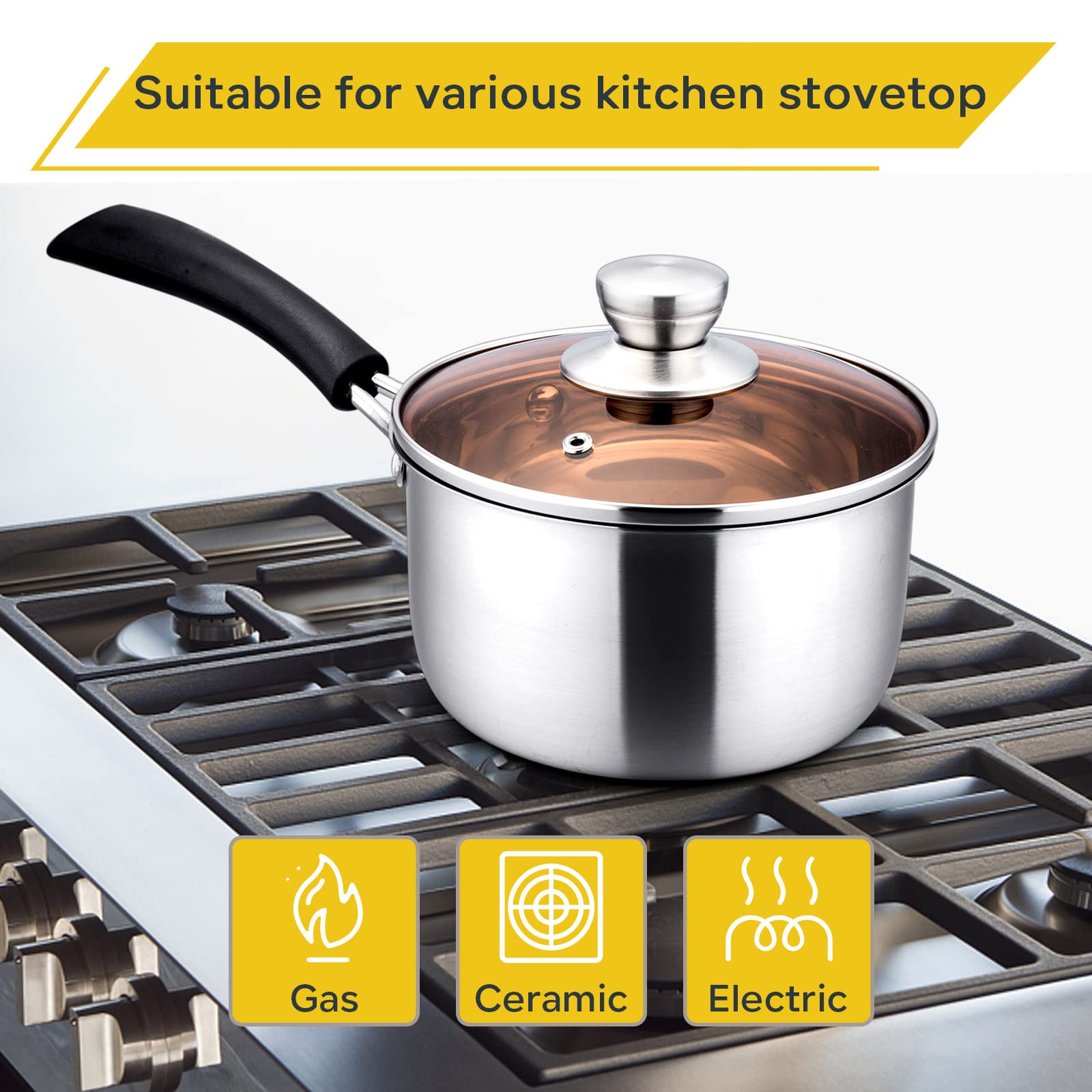 Premium 2 Quart Stainless Steel Saucepan with Glass Lid - Nonstick Cooking Pot for Pasta, Soup & Sauces - Easy Clean, Rust-Free & Dishwasher Safe - Ideal for Home Kitchen & Professional Chefs