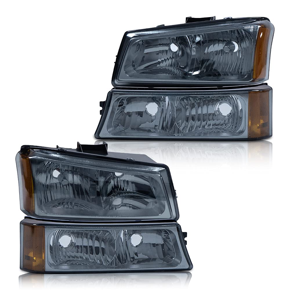 2003-2006 Chevy Silverado Headlight Assembly Replacement - Smoked Lens, Chrome Housing & Amber Reflector (4-Piece Set) | Perfect for Night Driving & Off-Road Adventures