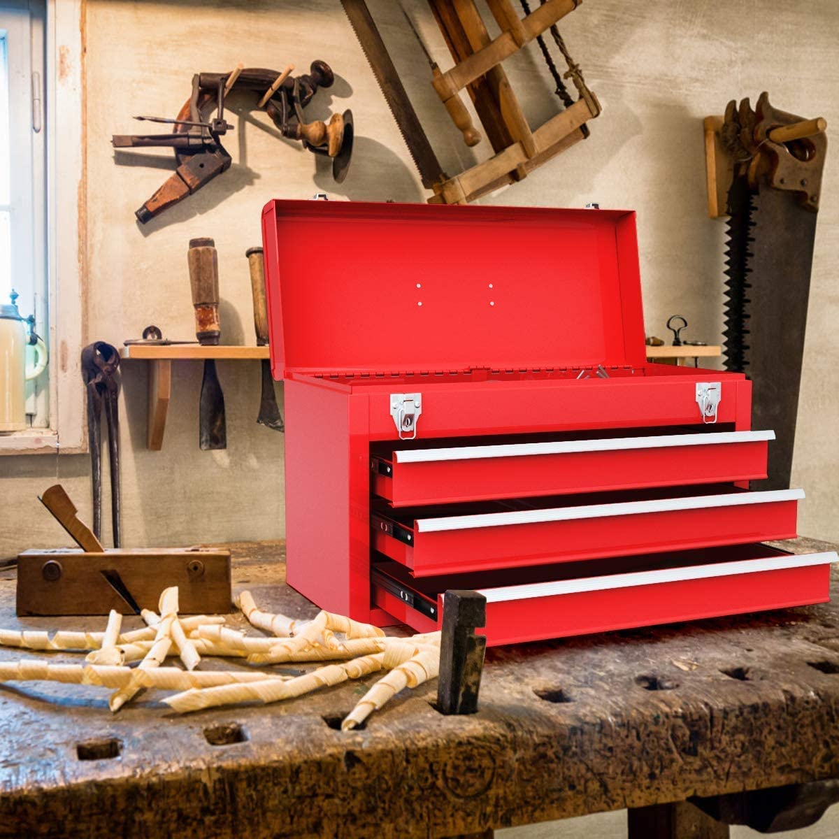 IRONMAX Lockable Steel Tool Chest with 3 Drawers & Top Tray - Heavy Duty Portable Tool Box for Home, Garage, Workshop & Job Site - Secure Storage for Tools & Equipment (Red)
