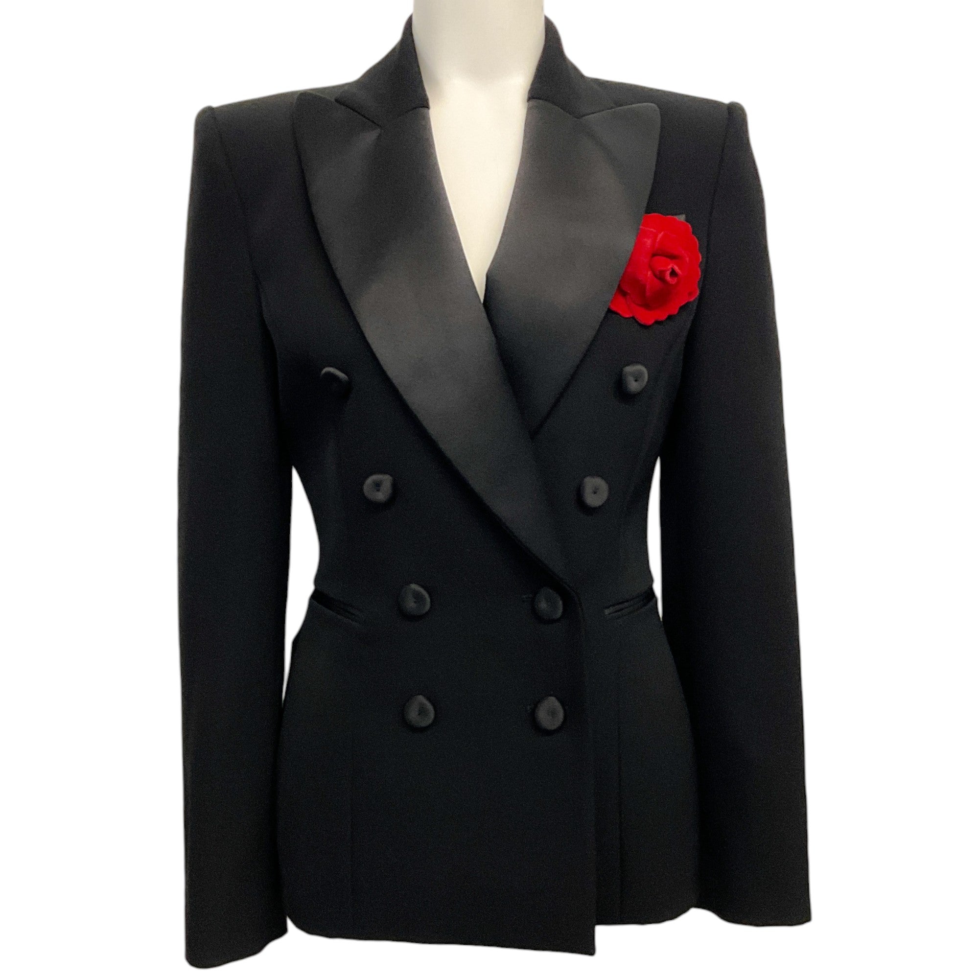Moschino Couture Black Wool Blazer with Red Flower Embroidery - Elegant Women's Formal Jacket for Office, Party & Special Occasions
