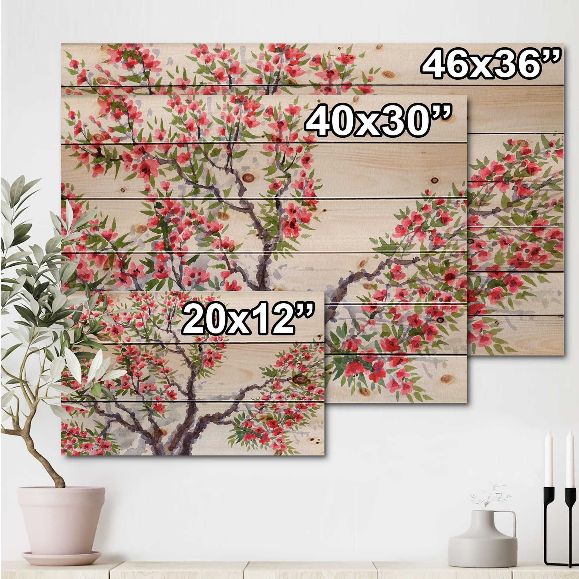 DesignQ Traditional Red Blossoming Tree Floral Wood Wall Art - Large Pine Wood Wall Decor Panel for Living Room, Bedroom & Office