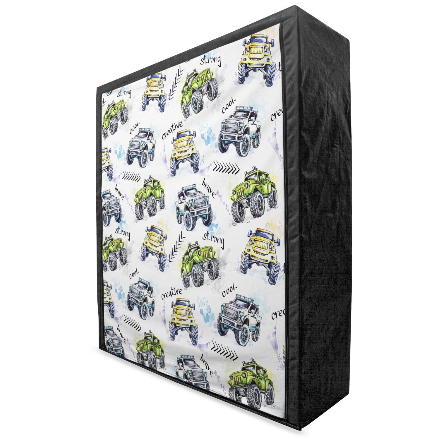Ambesonne Cars Portable Fabric Wardrobe - Hand Painted Watercolor Monster Trucks Design with Oversized Wheels | 59 Inch Clothing Organizer & Storage Closet with Shelves | Perfect for Kids' Room, Dorm, or Camping (Yellow Lavender Blue)