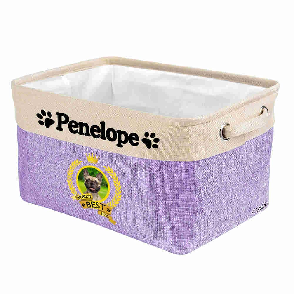 Foldable Pet Toy Storage Basket with Handles - Custom Name Collapsible Organizer for Dog & Cat Toys - Perfect for Bedroom, Closet & Home Organization (Purple) | Ideal for French Bulldog Owners & Pet Lovers