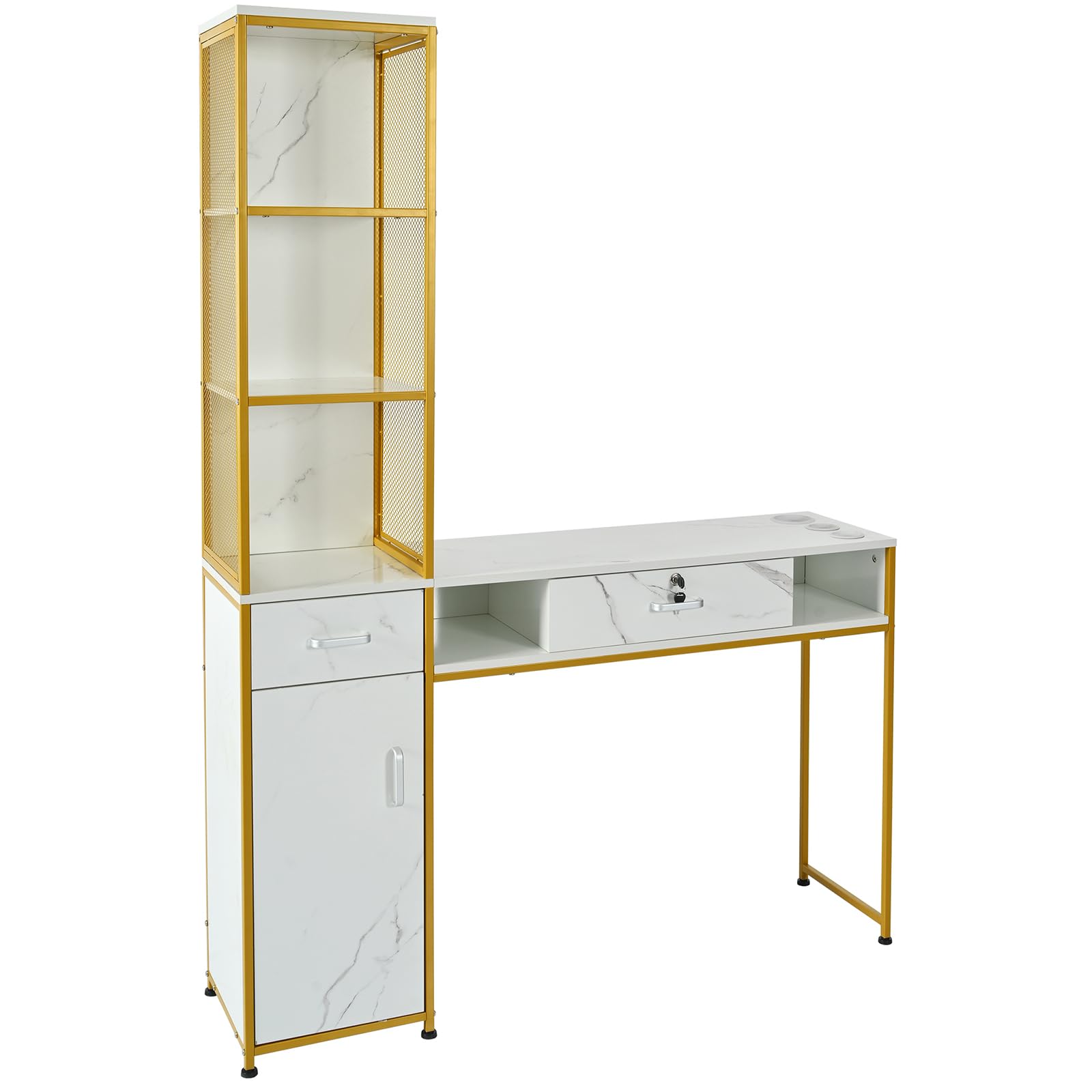 Professional Barber Salon Station Dresser with Lockable Drawer & Left Shelf - White Beauty Spa Storage Cabinet for Hair Stylists | Perfect for Salon Organization, Barber Shop Equipment & Home Hairdressing Setup