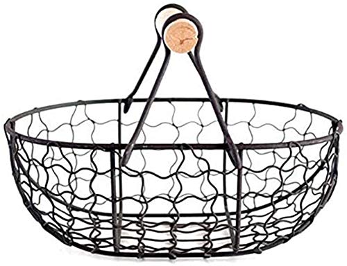 Vintage Style Metal Wire Egg Basket with Wooden Handle - Black Egg Holder & Dispenser for Fresh Eggs - Perfect for Farmhouse Kitchen, Pantry Organization & Countryside Decor