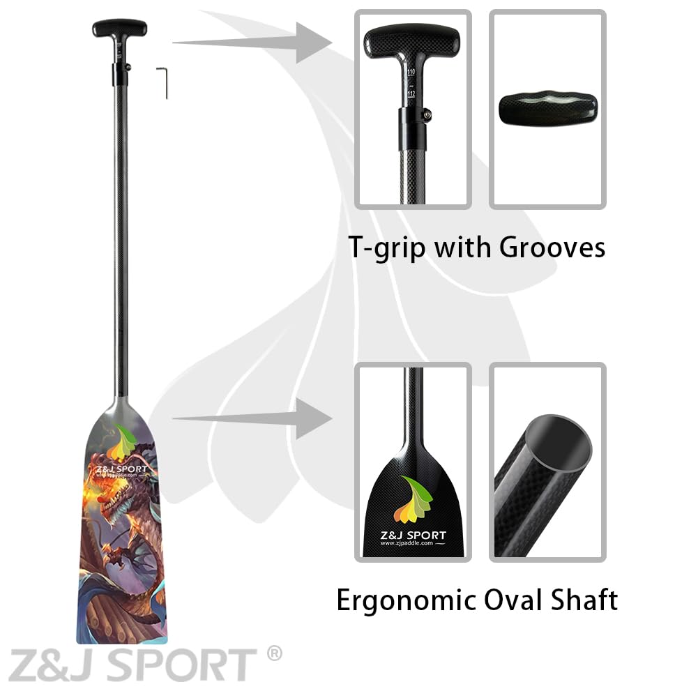 Z&J SPORT Adjustable Dragon Boat Paddle - IDBF Approved Carbon Fiber Racing Paddle with Dragon Graphic & Adjustable T Handle for Competitive Rowing | Perfect for Dragon Boat Racing, Team Training, and Water Sports Enthusiasts