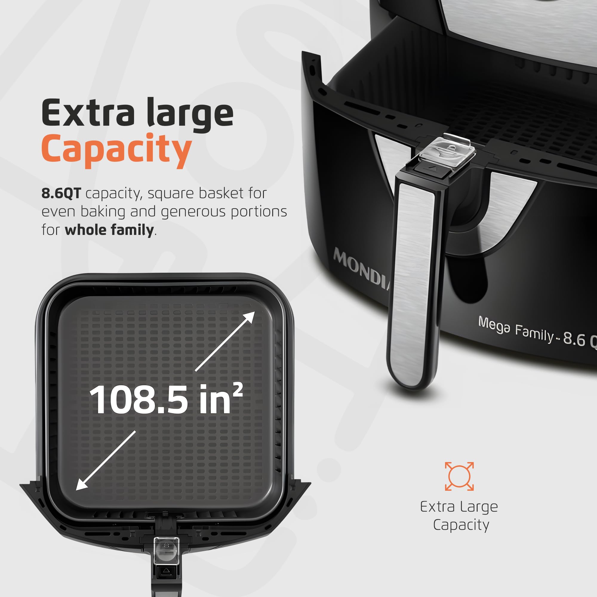 8.6 Quart Large Air Fryer with Quick Heat Circulation - 1800W, 2 Dial Controls, Removable Square Basket - Low Fat, Healthy Cooking for Family Meals, Snacks & Parties - Black