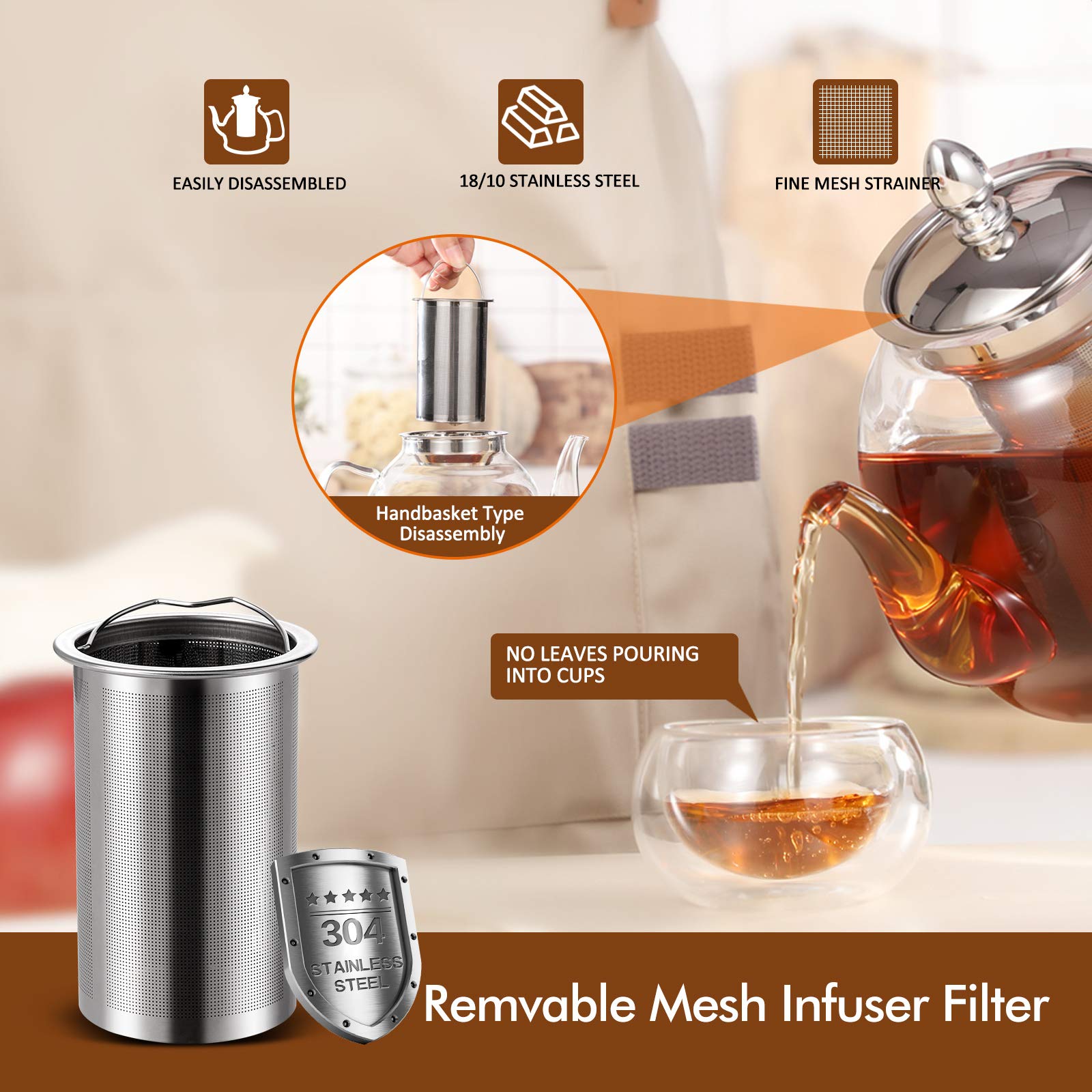 HIWARE 1000ml Glass Teapot with Removable Infuser - Stovetop Safe Tea Kettle for Blooming & Loose Leaf Tea - Perfect for Home, Office & Gift Giving - Ideal for Herbal, Green & Black Tea Brewing