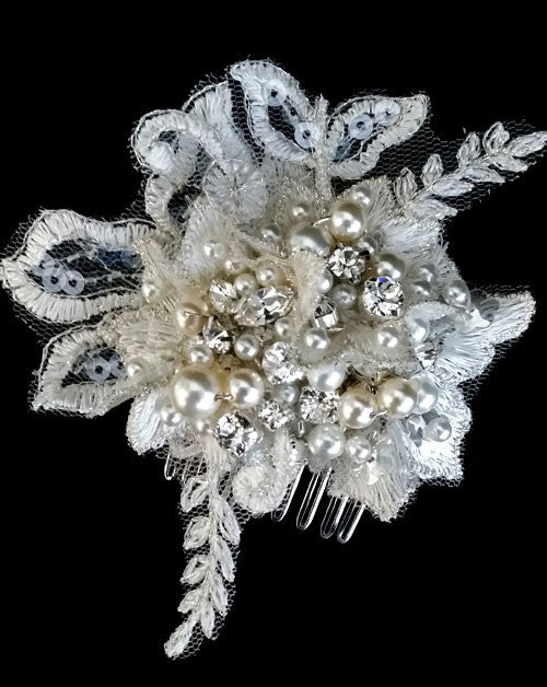 Elegant Bridal Headpiece - Small Lace Pearl & Crystal Cluster Hair Comb by Kezani Gracie | Perfect for Weddings, Prom & Formal Events